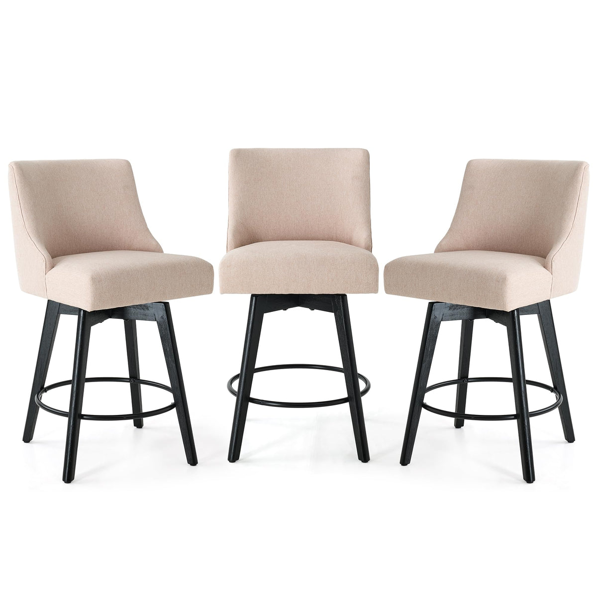 Vipbear Counter Height Bar Stools Set of 3, 26" H Swivel Bar Stools with Backs, Linen Fabric Upholstered Bar Chairs with Solid Wood Legs for Kitchen Island, Dining Room, Home Bar, Beige