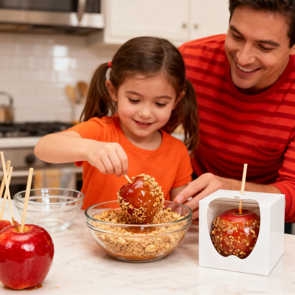 ZEAYEA 50 Pack 4"x 4"x 4" Candy Apple Boxes with Window and Sticks, Food Grade Caramel Apple Gift Boxes with Hole, Carboard Treat Favor Packaging for Halloween, Thanksgiving, Wedding, Party
