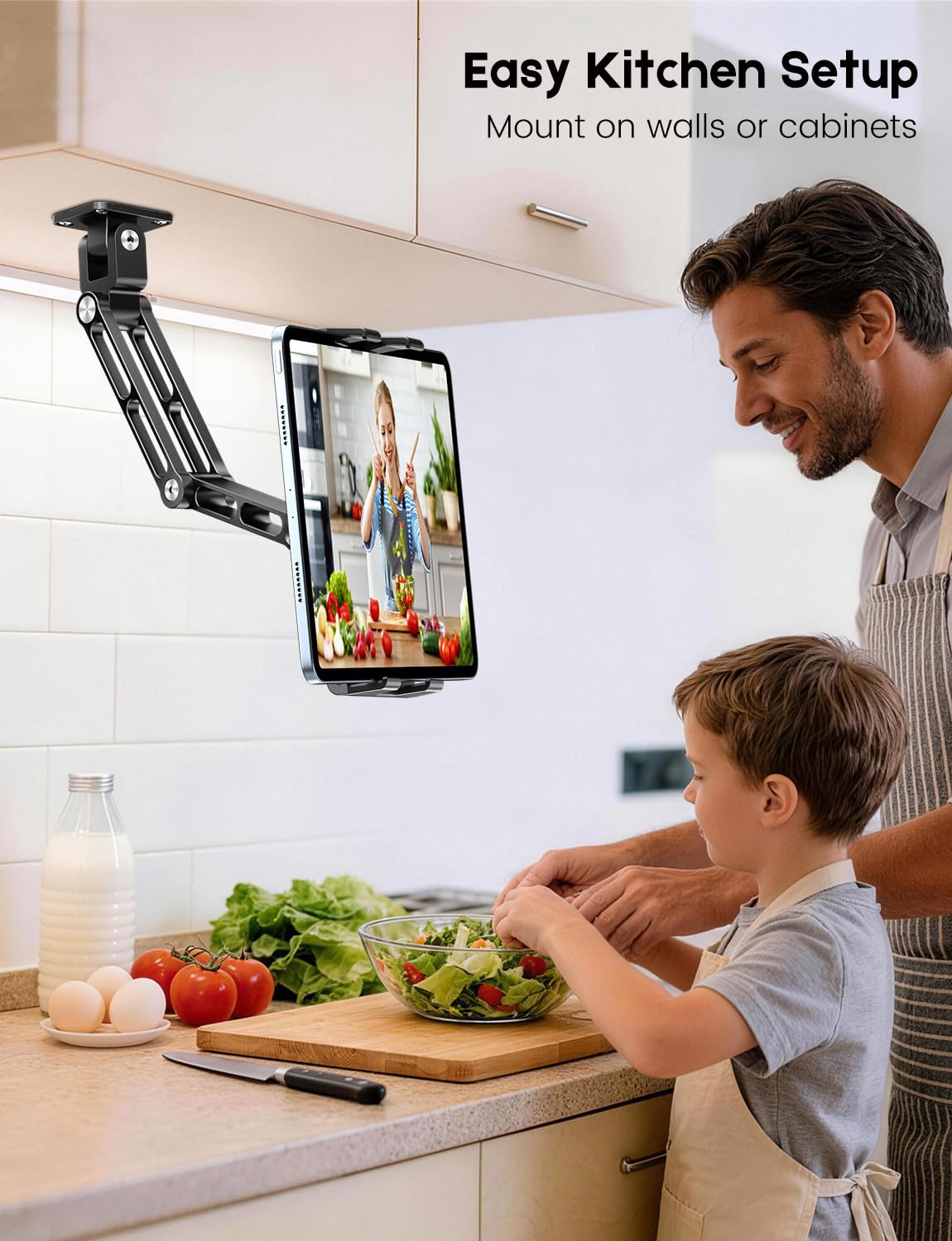 OHLPRO Tablet Wall Mount, Heavy Duty Aluminum iPad Wall Mount Holder with 360° Rotating 2-Stage Foldable Arm, Compatible for 5-13" Phones and Tablets, for Kitchen, Gym, Office, Home