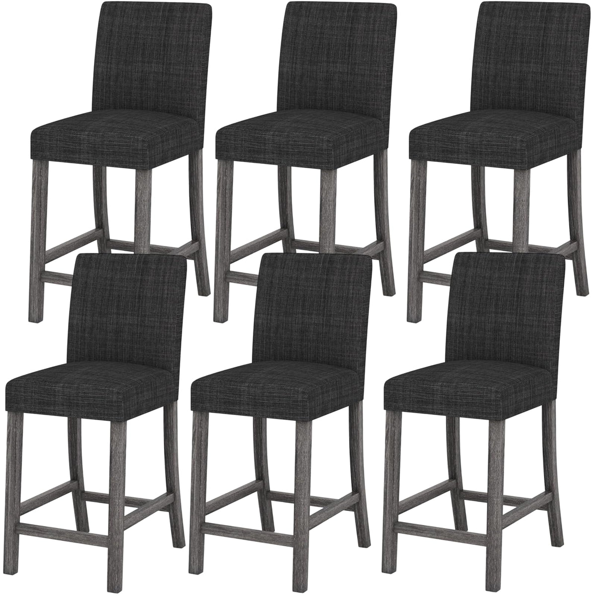 ERGOMASTER Counter Height Bar Stools Set of 6, 24.5'' Fabric Upholstered Barstools Mid Century Modern Island Bar Chairs with Back for Kitchen, Dining Room, Bar, Restaurant, Charcoal Grey