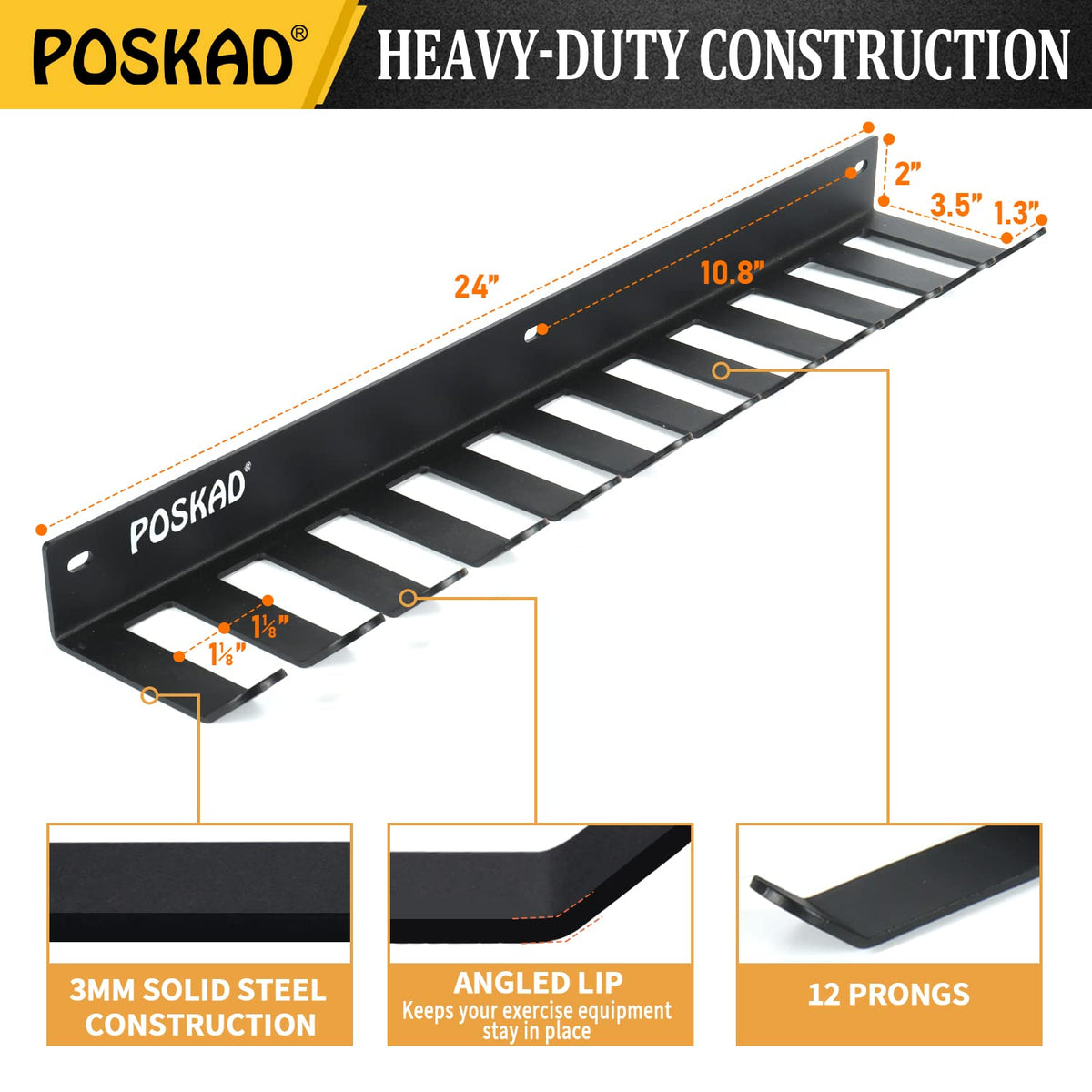 Poskad Gym Storage Rack,12 Hook Heavy-Duty Steel Gym Organizer Wall Mount Hanger for Home and Pro, Gym Accessory Storage Resistance Bands,Jump Ropes,Lifting Belt,Barbells. (24'' -12 hooks)