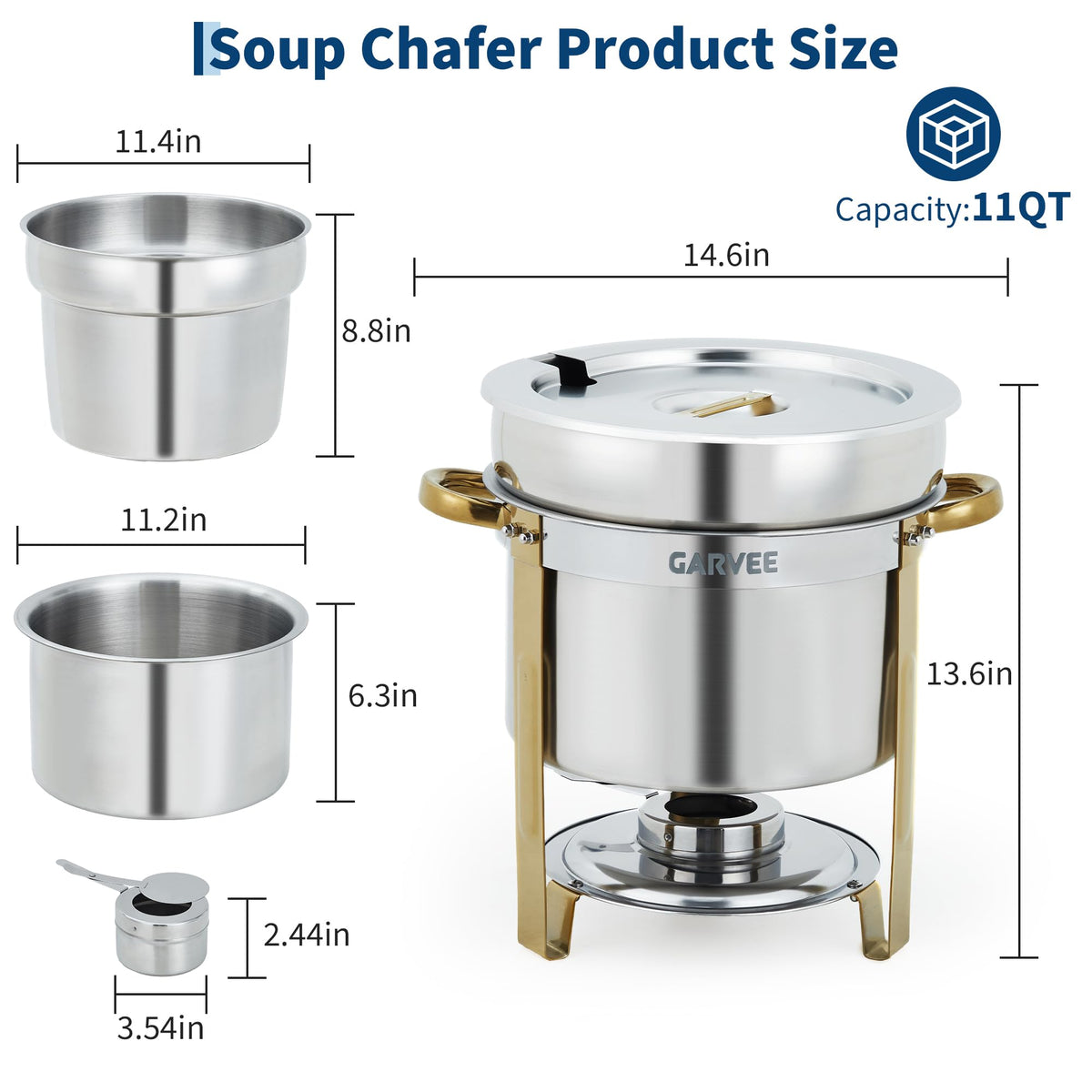 GarveeHome 11QT Round Soup Chafer Sets of 4, Commercial Soup Warmer with Pot, Notched Lids & Fuel Holders, Stainless Steel Food Warmer for Buffets Parties Wedding Banquets Catering, Gold