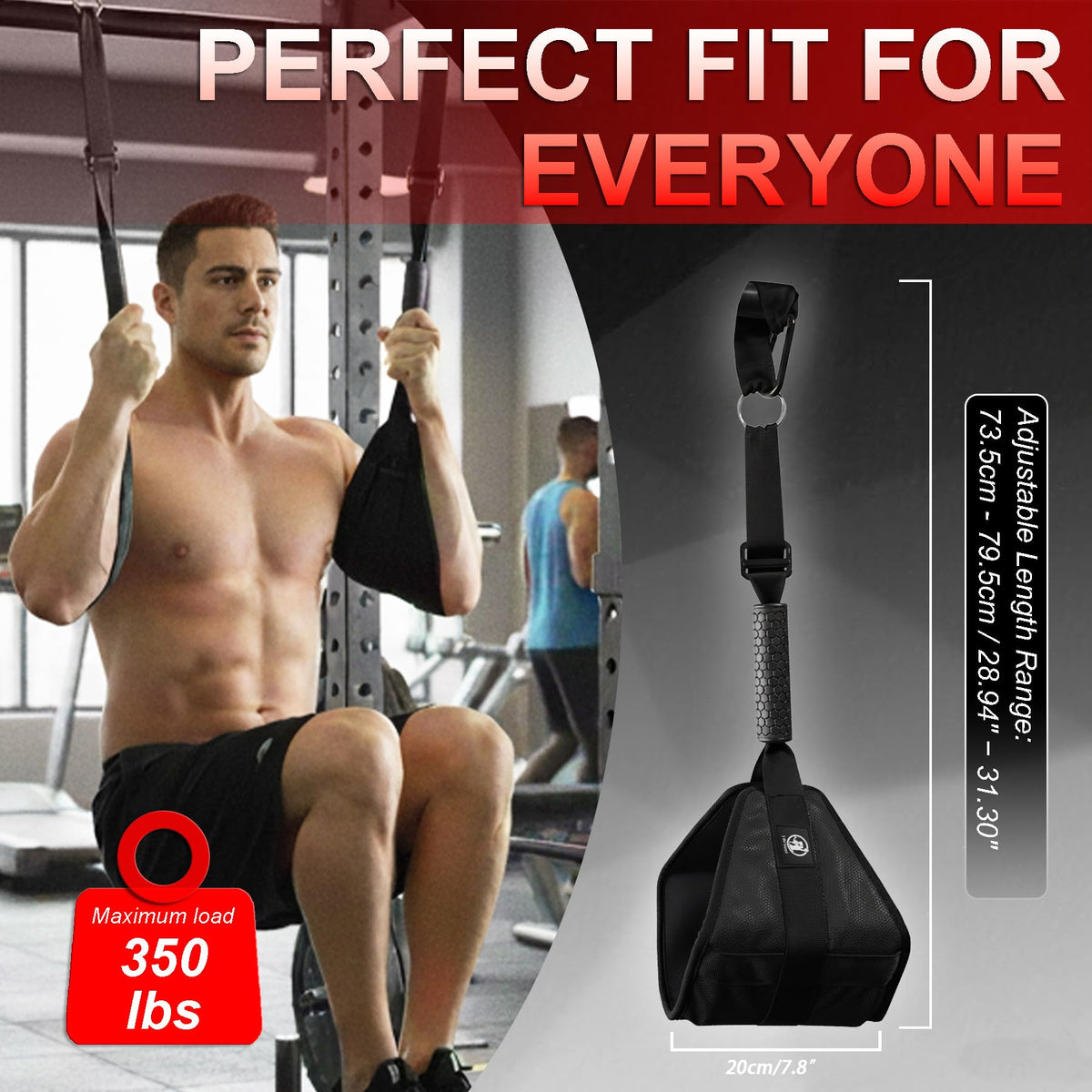 Ab Straps for Pull Up Bar, Heavy-Duty 350LB Core & Abs Trainer, Extra Wide 7.8” Leather Padded Arm Supports, Adjustable Length, Cable Machine Compatible (Black)