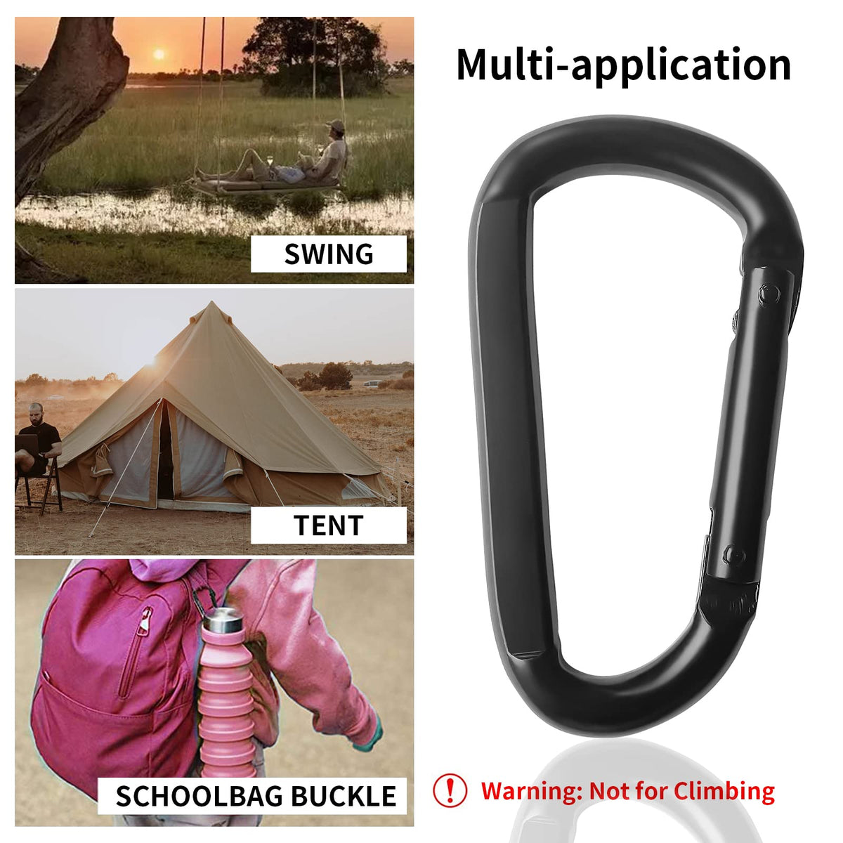 Carabiner Caribeener Clips, 3" Heavy Duty Carabiner for Hammocks, Camping Accessories, Hiking, Keychains, D Shaped Spring Hook Carabiners for Dog Leash, Harness and Key Ring, 880lbs, Black(2 PCS)