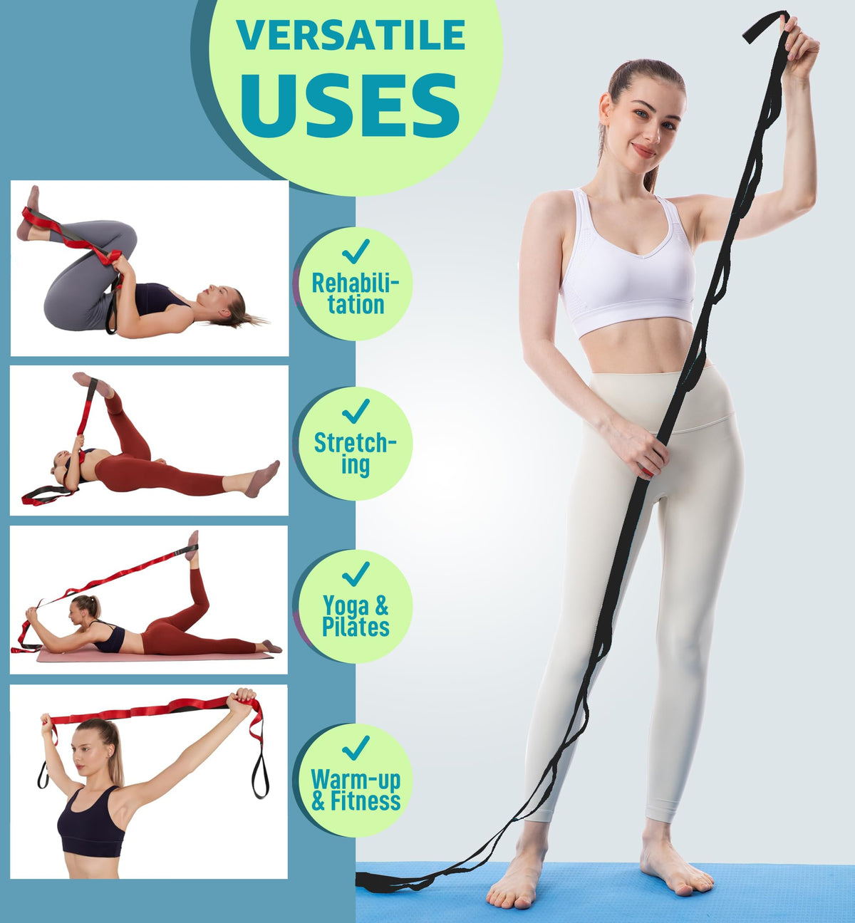 JZOONPVA Calf Stretcher Multi Loop Stretch Strap - Physical Therapy Strap for Stretching, Calf Stretch Yoga Belt with Loops, Hamstring Stretcher, Leg Stretch Band, Fascia Stretcher & Arch Support Bands for Feet