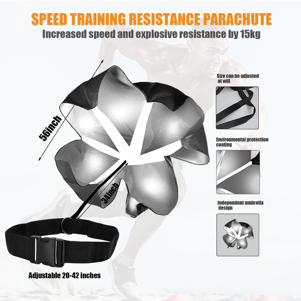 Nusogon Running Speed Training, 56 inch Speed Drills Resistance Parachute Running Sprint Chute Soccer Football Sport Speed Training（Black）