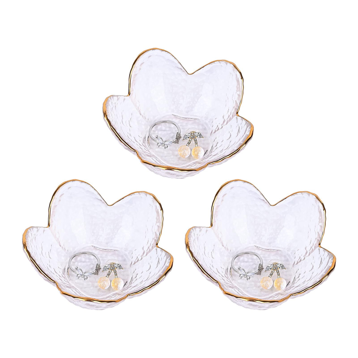Koythin 3-Piece Glass Jewelry Tray, Small Trinket Holder for Necklace Bracelet Earring, Ring Holders for Bathroom, Aesthetic Trinket Dish, Flower Nightstand Decor for Girl Mom (Transparent White)