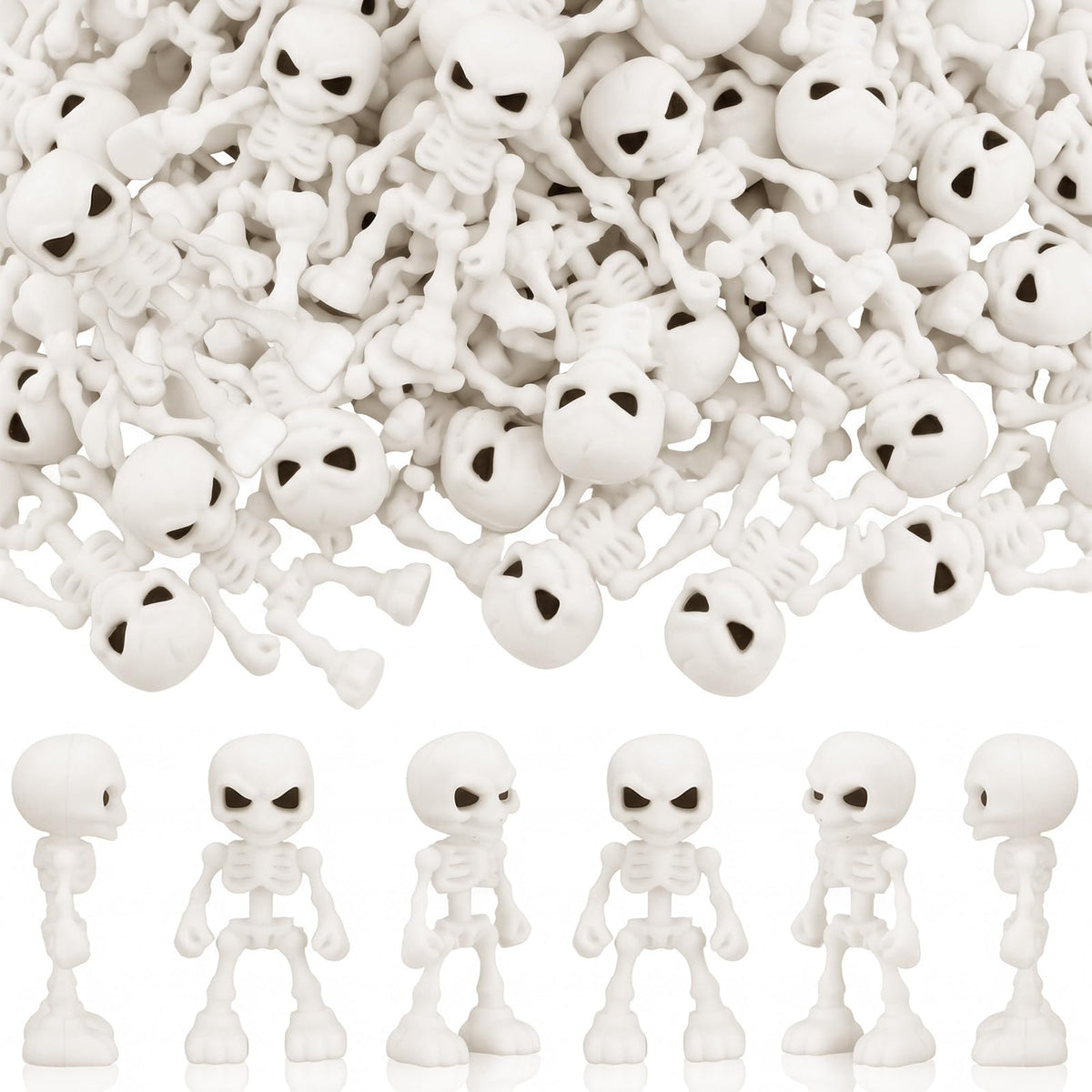 Junkin 50 Pcs Halloween Mini Skeleton Figures Tiny Skulls Cute Design Soft Rubber Skeleton Decorations Miniature Skulls Figures Ornaments for Indoor Fireplace Haunted House Accessories Party