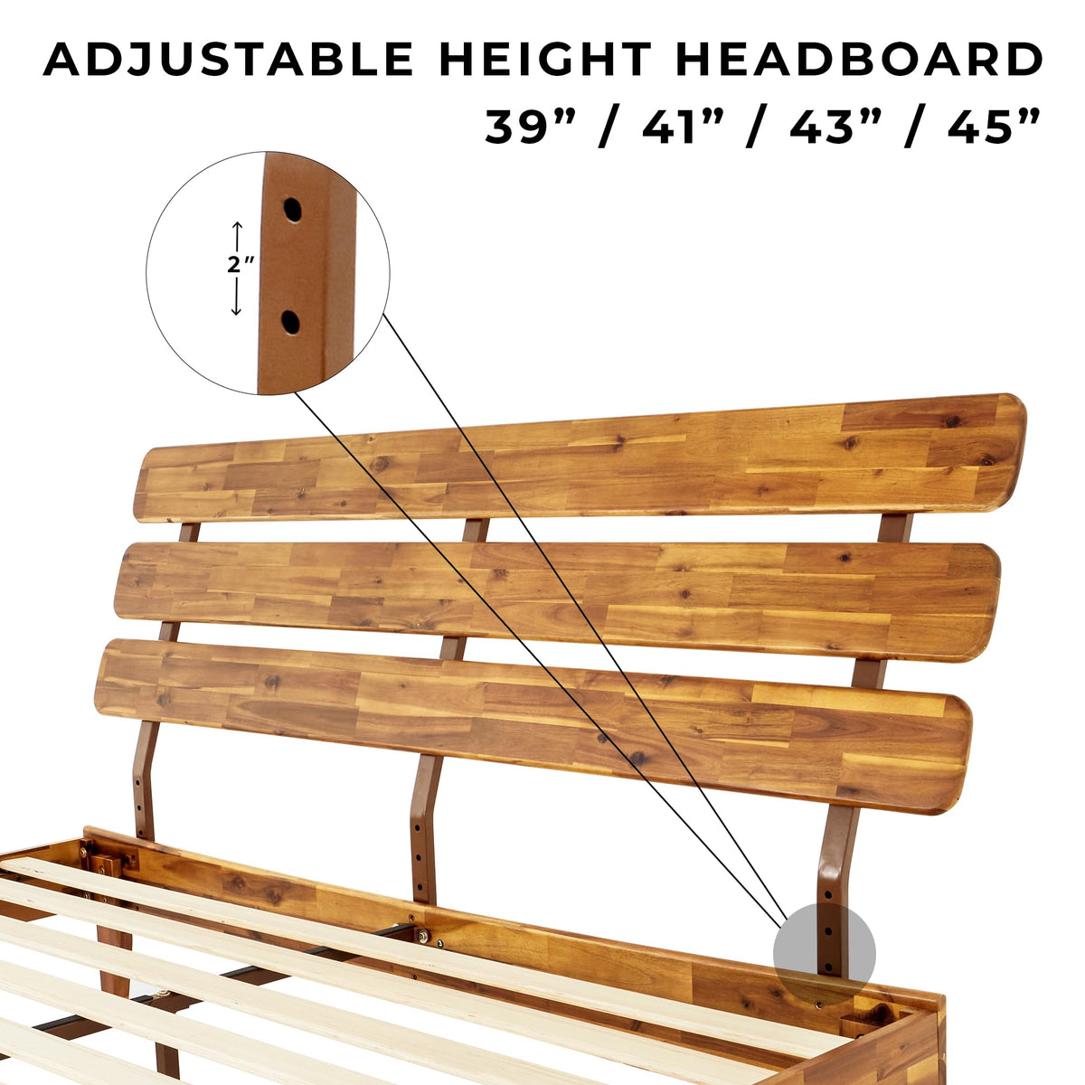 Bme Caden King Size Bed Frame and Adjustable Headboard, 15 Inch Mid Century Retro Style - Solid Acacia Wood - No Box Spring Needed - 12 Strong Wood Slat Support - Easy Assembly - Caramel