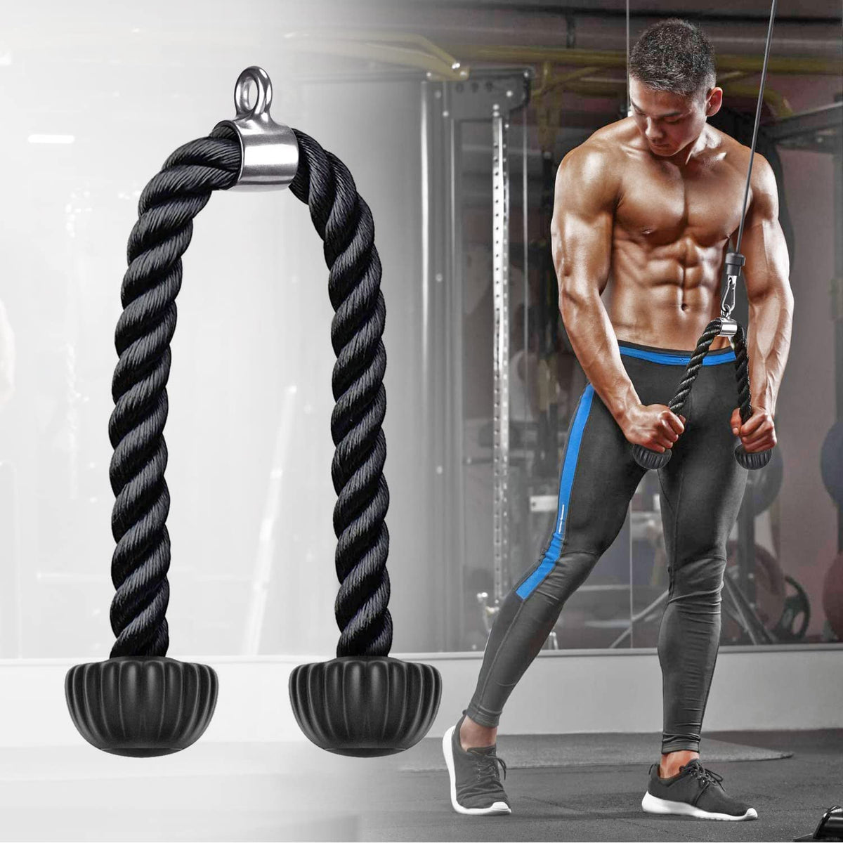 SELEWARE Tricep Rope Cable Machines Attachments for Gym, Heavy Duty Exercise Pulldown Rope with Soft Rubber Ends, Universal Tricep Pull Down Rope for Pulley System (Black, 28")