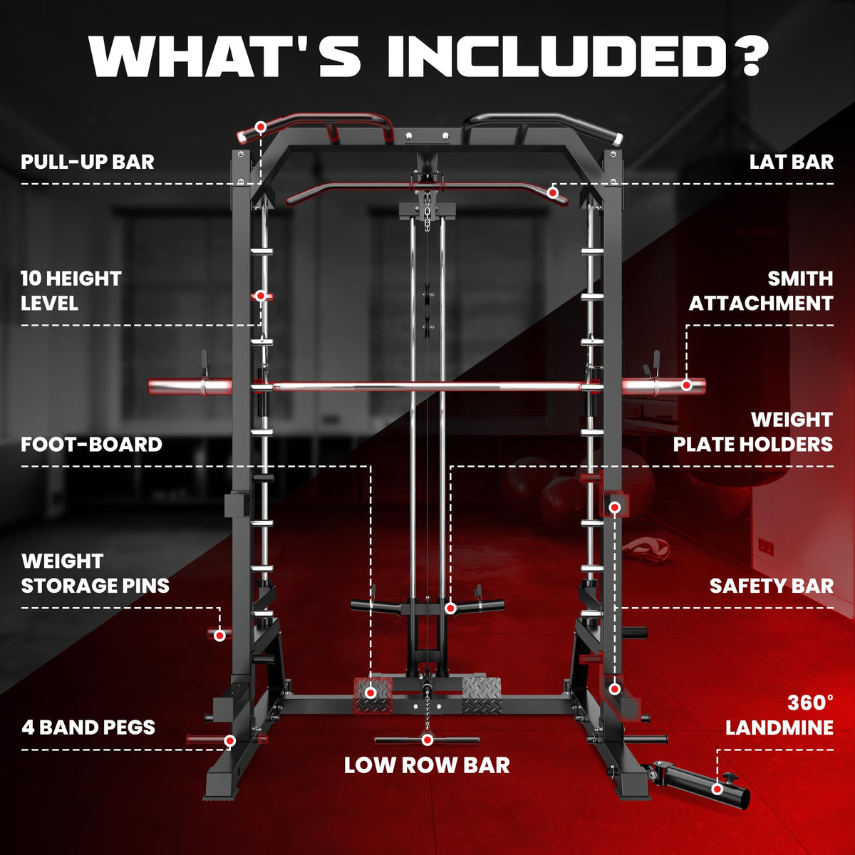 JELENS SR01 Smith Machine, 2000LBS Multi-Function Power Cage with LAT Pulldown System, All-in-One Home Gym Squat Rack with Smith Bar and Training Attachments (Black, SR01 Smith Machine)