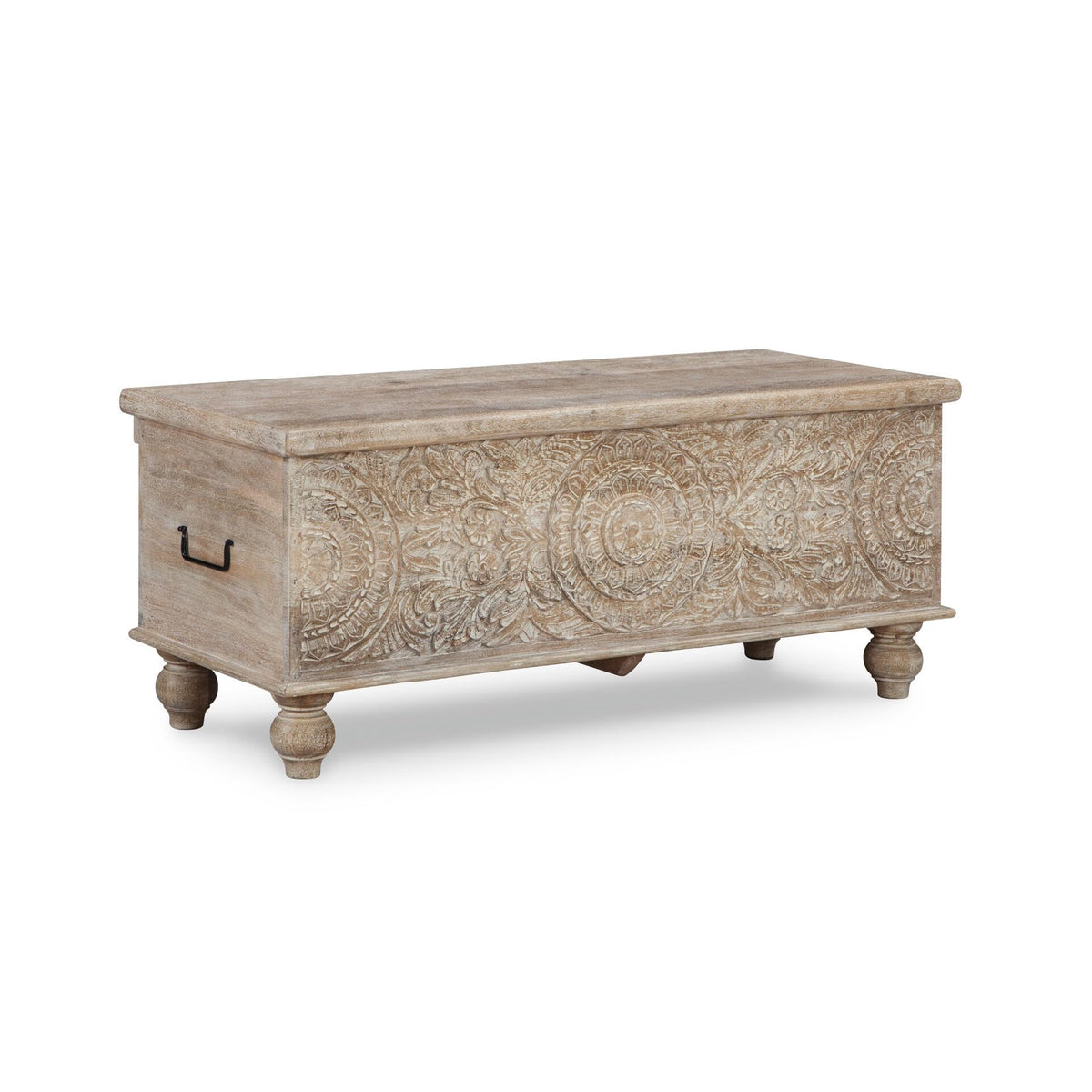 Signature Design by Ashley Fossile Ridge Boho Carved Wood Storage Bench with Hinge Top, Beige