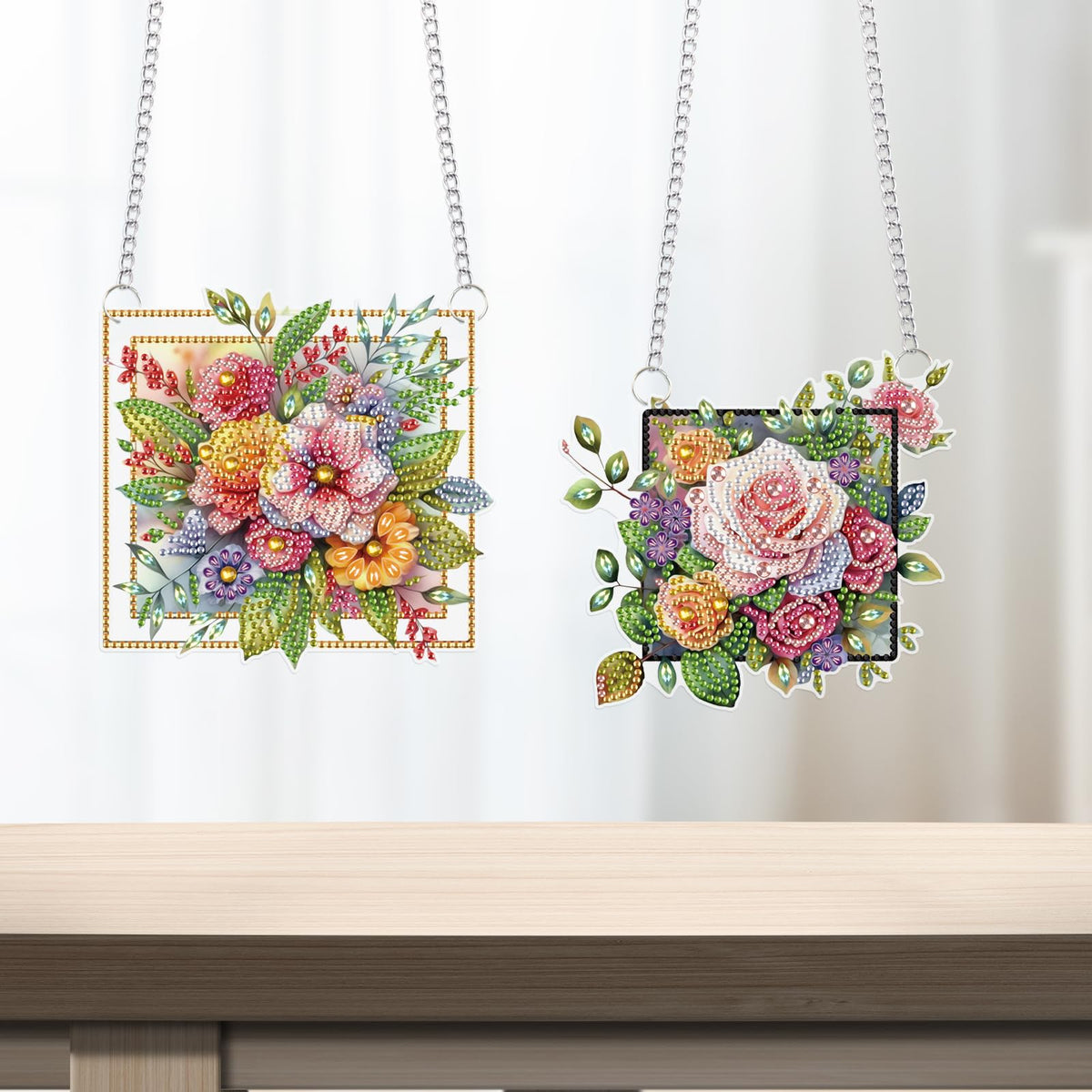 LazyFold 2 Pcs DIY Acrylic Diamond Art Painting Flowers Kits Special Shaped Rhinestone 5D Diamond Art Window Pendants Home Garden Wall Hanging Kits Hanging Ornament