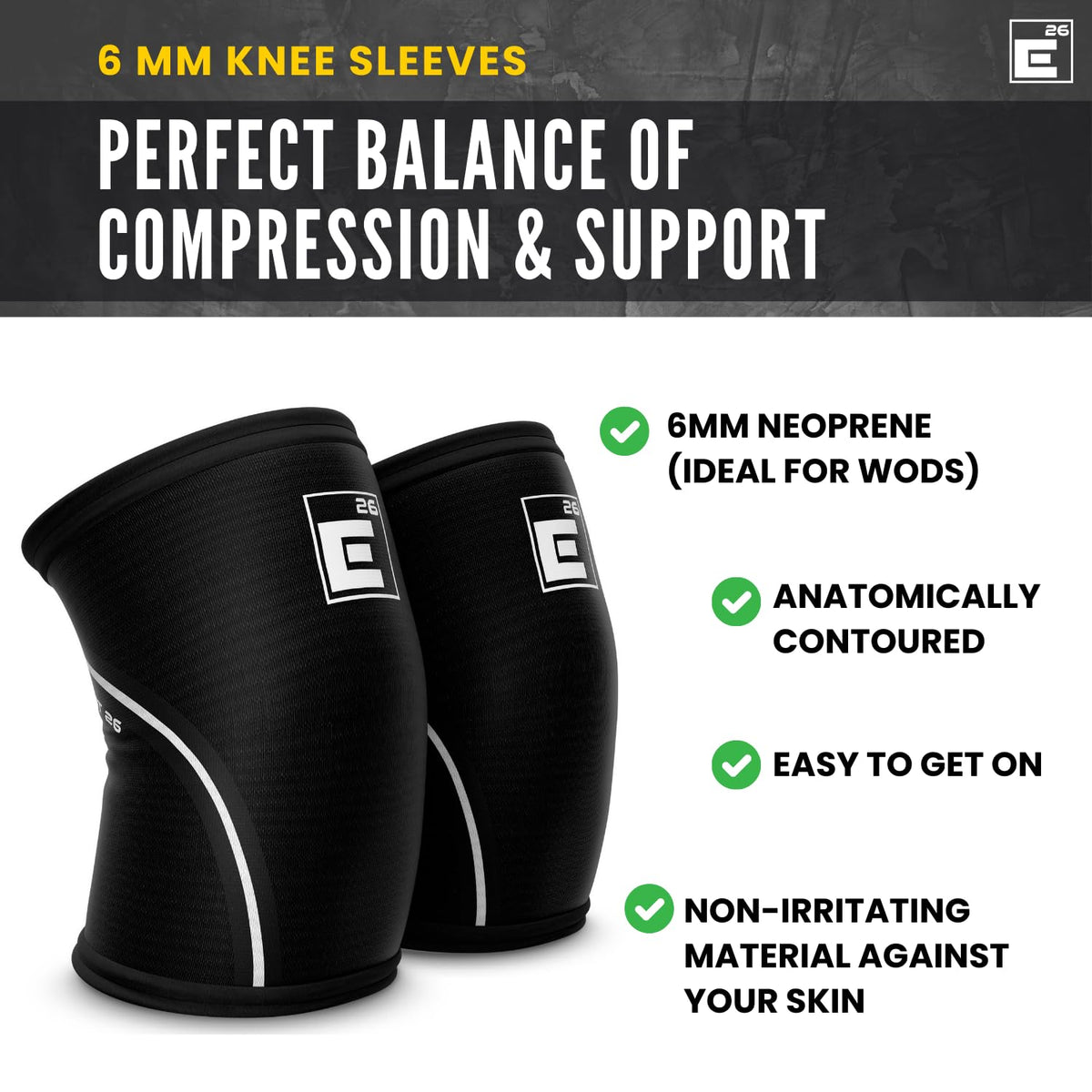 Element 26 Knee Sleeves for Weightlifting (Sold as a Pair) - 6mm Premium Neoprene for Compression, Mobility, and Warmth - Compression Sleeve for Functional Fitness, Squats, Deadlifts (Medium, Black)