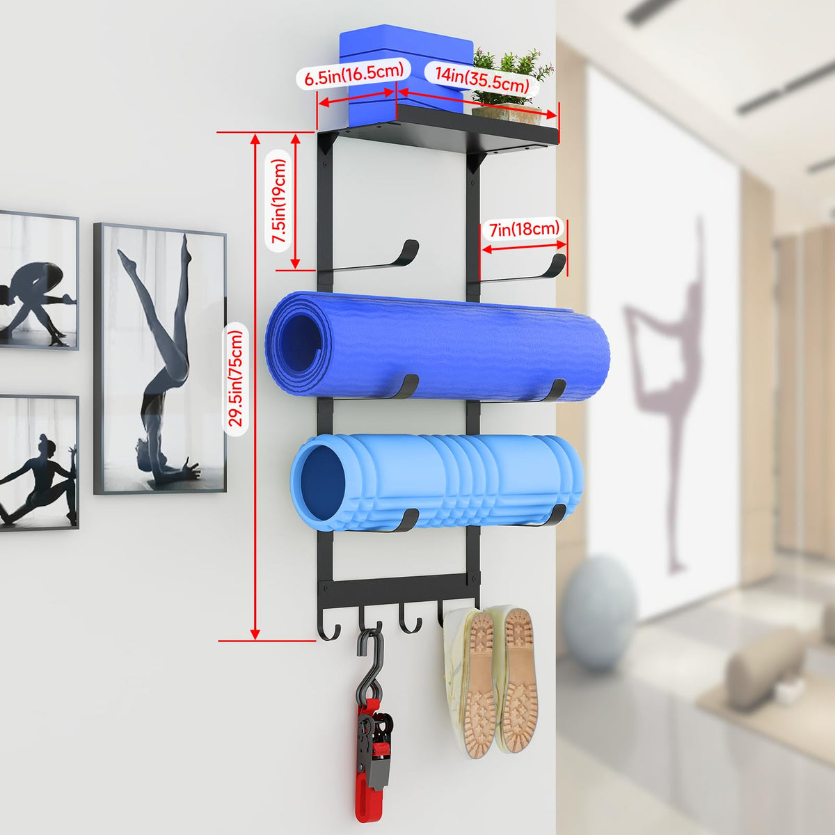LSK Yoga Mat Holder Wall Mount, Black Yoga Mats Storage Rack, Home Gym Storage with Metal Floating Shelf for Storing Fitness, Yoga Mat Rack with 5 Hooks for Hanging Foam Rollers and Resistance Bands