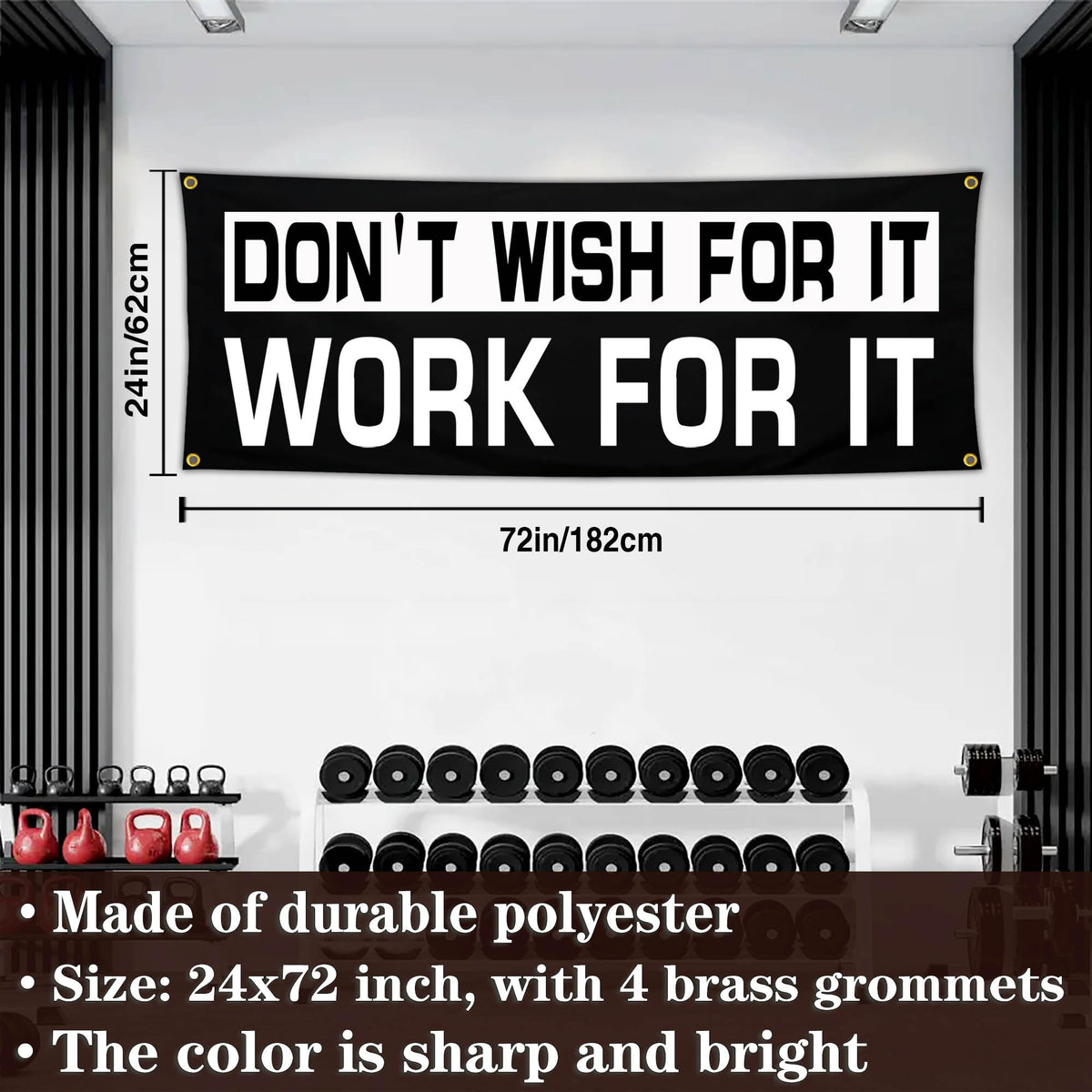 Bomtas Motivational Gym Posters Banners Flags for Home Gym Room Guys Office Bedroom Don't Wish for it Work for it Inspirational Flag Banner 24x72 Inch Motivation Wall Art Decor