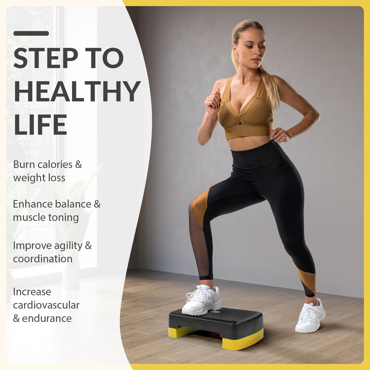 Fitvids 18" Aerobic Step Platform, Workout Stepper with Adjustable 2 Stackable Risers 3" 5.5" for Home Gym Small Space, Exercise Step, Yellow/Black