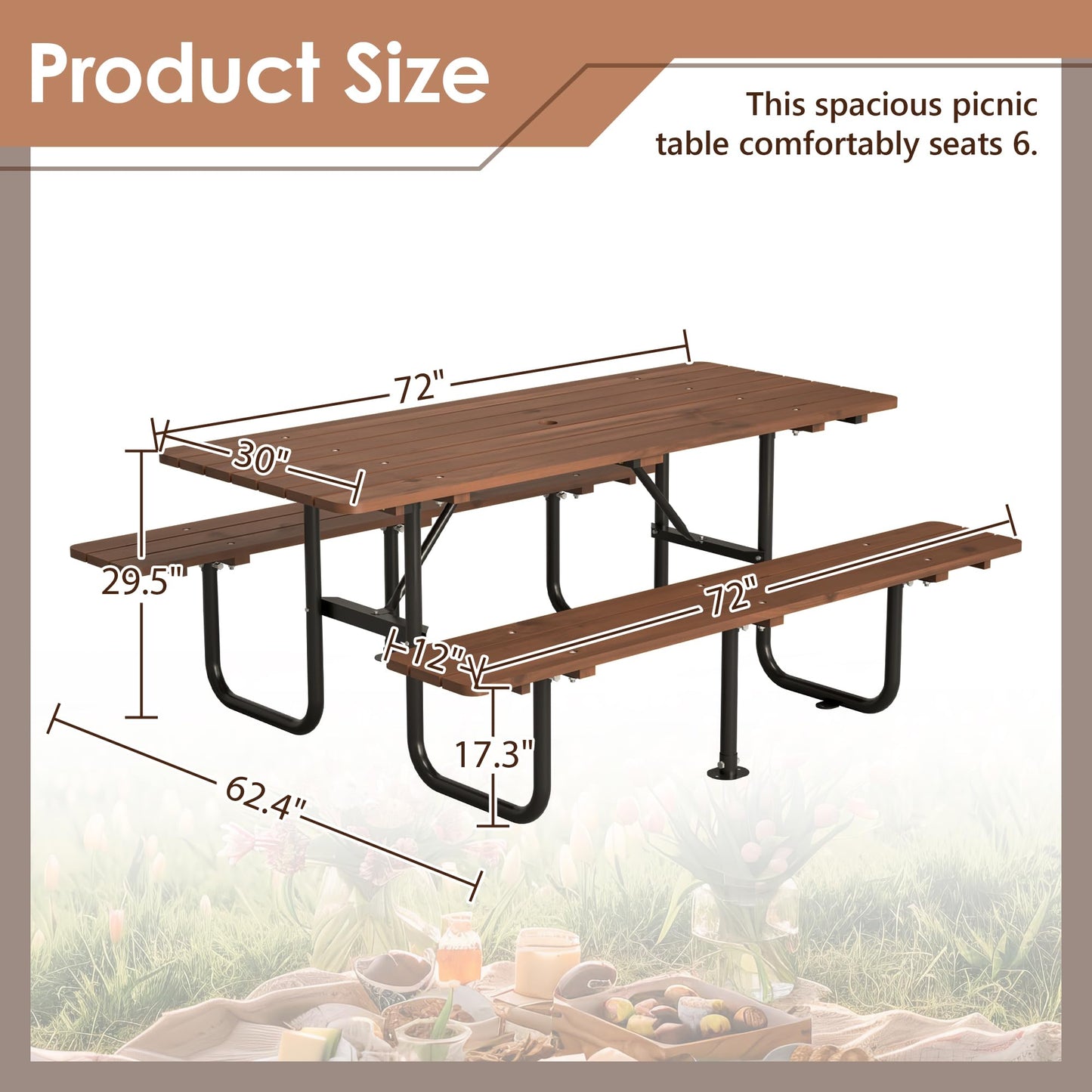 72" Rectangular Outdoor Picnic Table for 6 Person,Heavy Duty Wooden Dining Set with Built-in Benches,Metal Legs,1.97" Umbrella Hole,Waterproof&Corrosion-Resistant,Ideal for Garden, Backyard,Brown