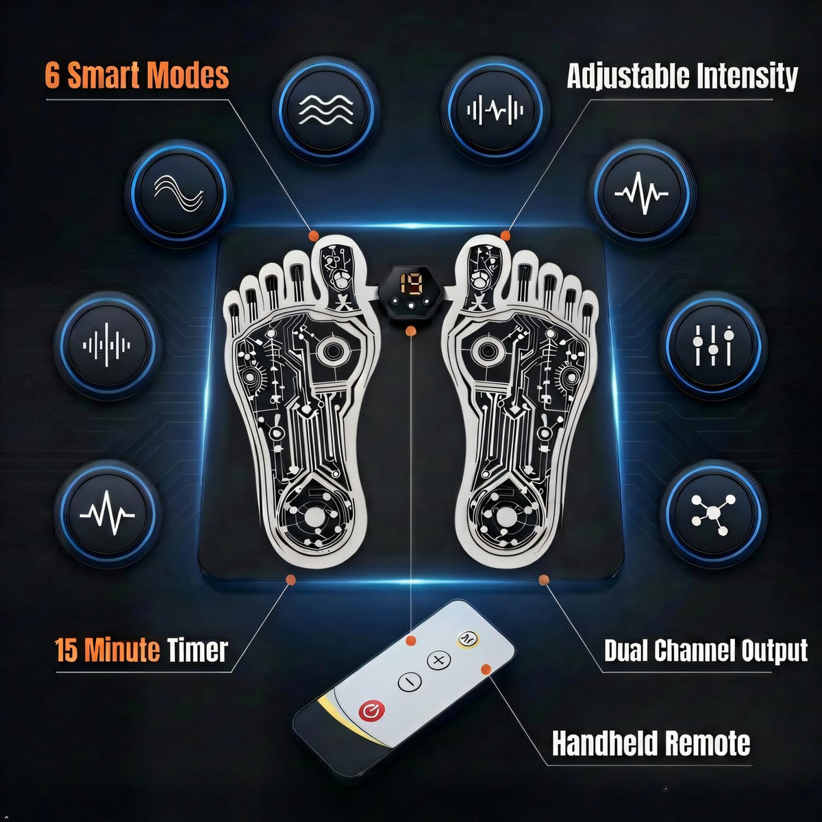 OKJY EMS Foot Muscle Stimulator & TENS Machine for Pain Relief - Helps Neuropathy, Plantar Fasciitis & Circulation - Portable Folding Mat with Remote for Elderly, Office Workers & Home Use