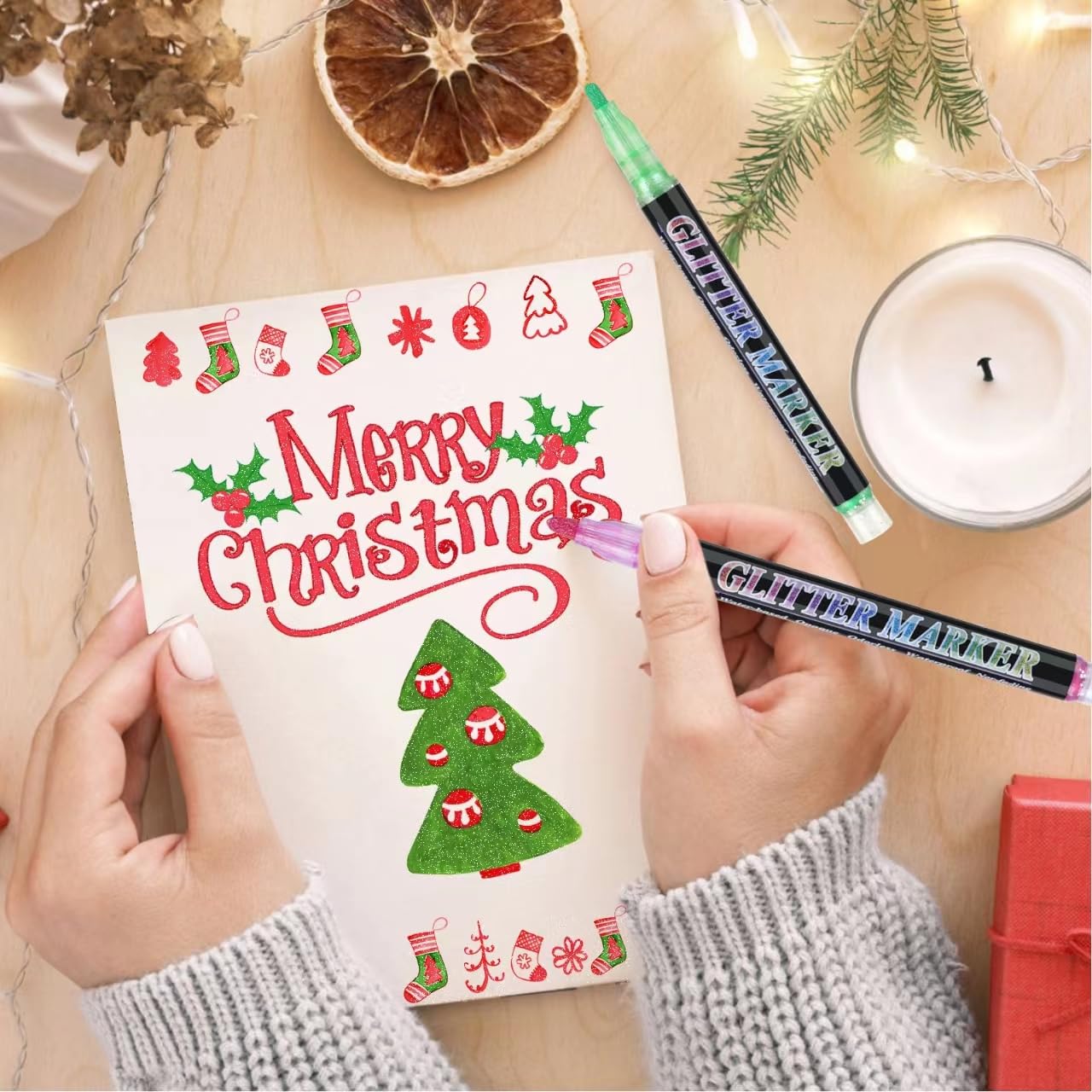 OLINGYOU Glitter Marker Pens,12 Colors Self-Shimmer Metallic Markers,Glitter Paint Pens DIY Crafts Greeting Birthday Cards, Making Poster,Album,Scrapbooking,Wood