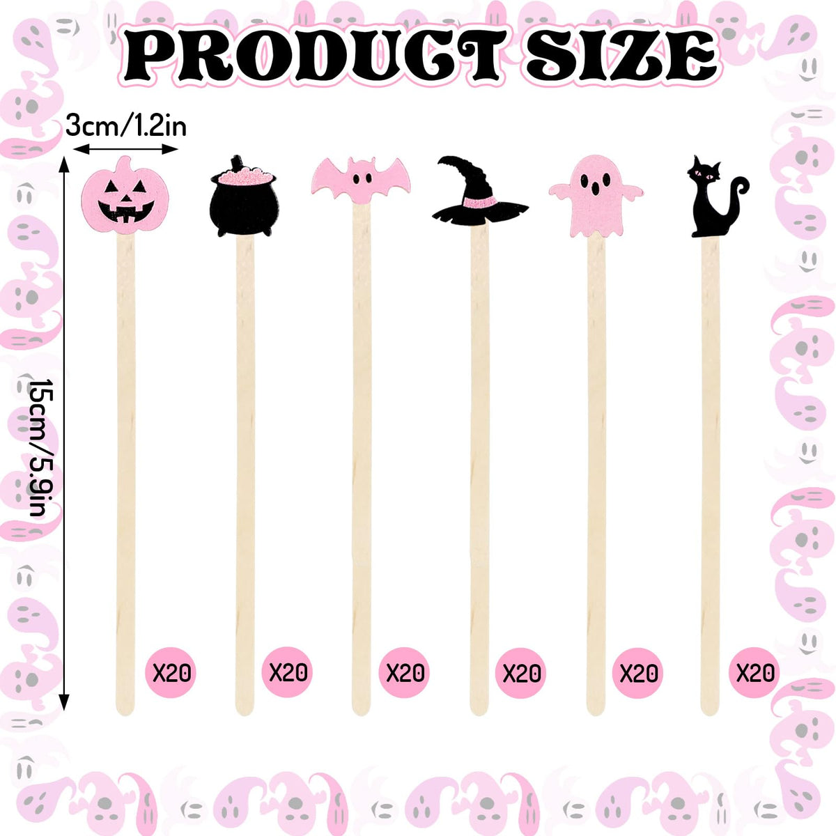 JarThenaAMCS 120Pcs Halloween Coffee Stirrers Disposable Pink Black Ghost Bat Cat Pumpkin Stir Sticks Wooden Drink Stirrer for Hot Chocolate Milkshake Restaurant Home Office