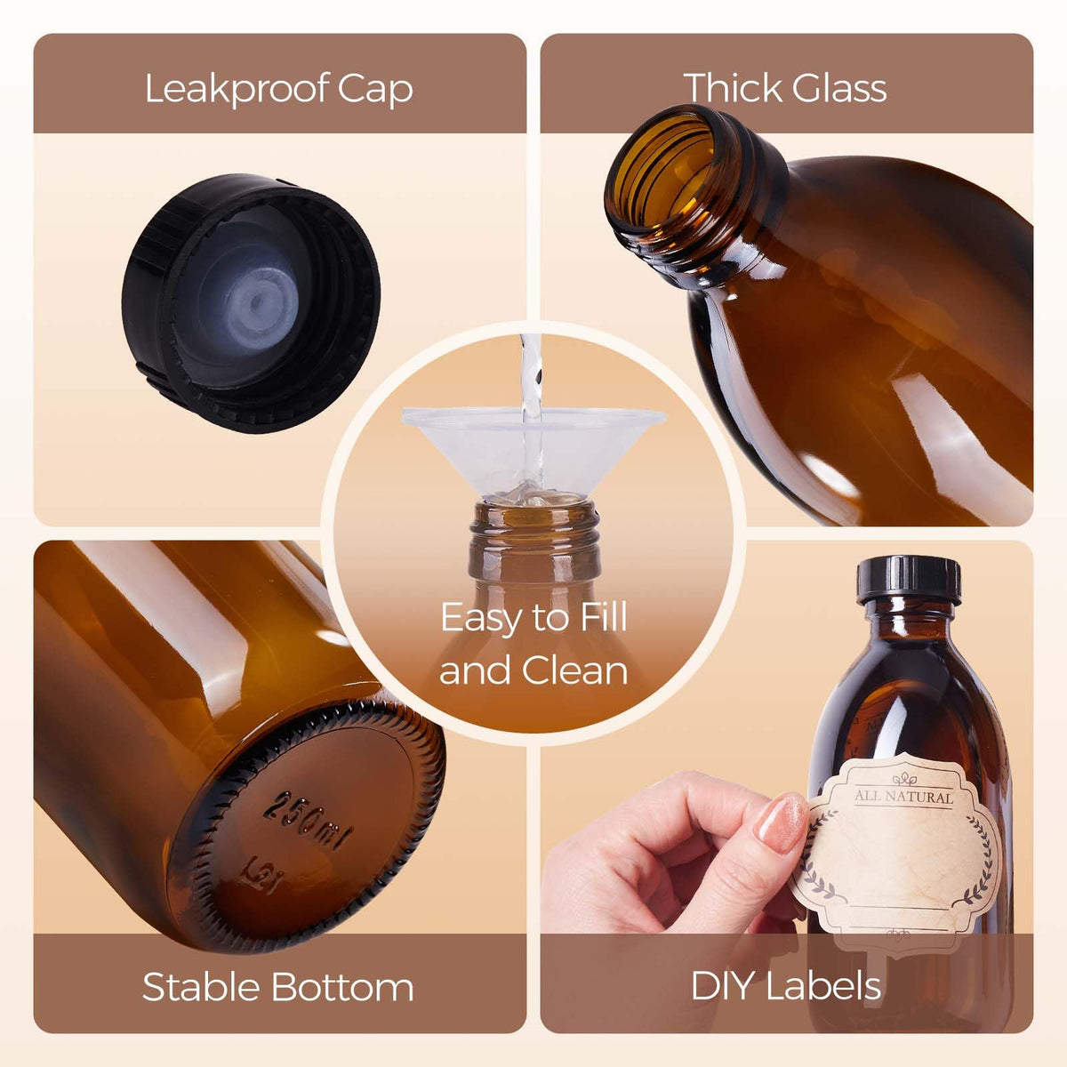 12 Pack, 8 OZ Amber Glass Bottles with Caps Leakproof Refilllable Empty Brown Boston Sample Dispensing Bottles for Homemade Vanilla Extract, Essential Oils, Potion, Juice, Ginger Shots, Liquids
