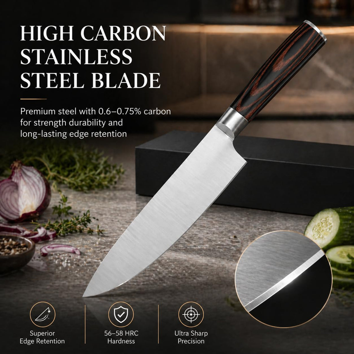 8 Inch Japanese Chef Knife, High Carbon Stainless Steel Kitchen Knife with Ergonomic Pakka Wood Handle, Ultra Sharp Gyuto Cooking Knife with Gift Box for Home & Professional Chefs