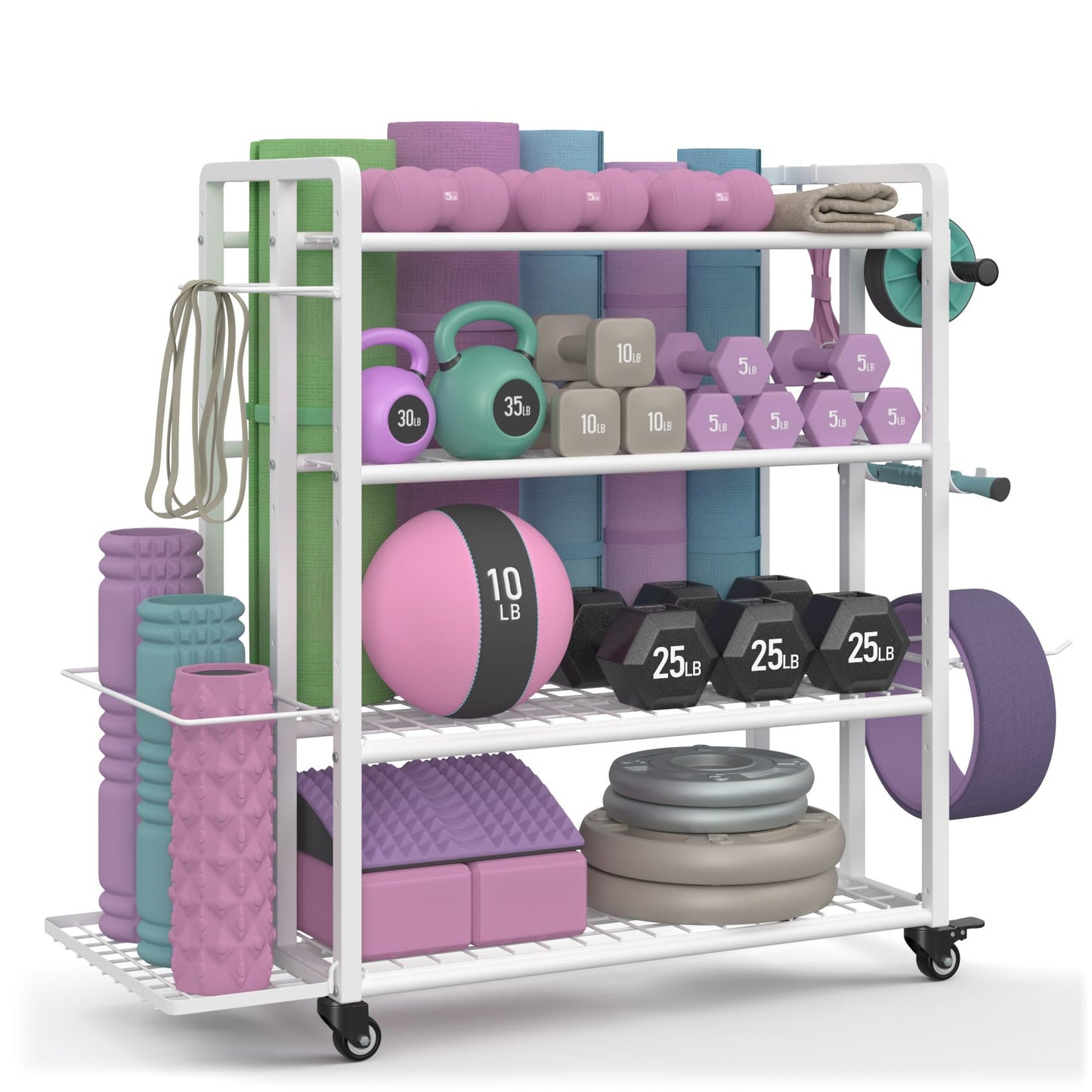 4-Tier Dumbbell Rack Stand Only, 600LB Capacity Adjustable Weight Rack for Dumbbells Kettlebells Yoga Mat, Home Gym Storage Rack with Wheels and Hooks, Powder Coated Finish (Large White)