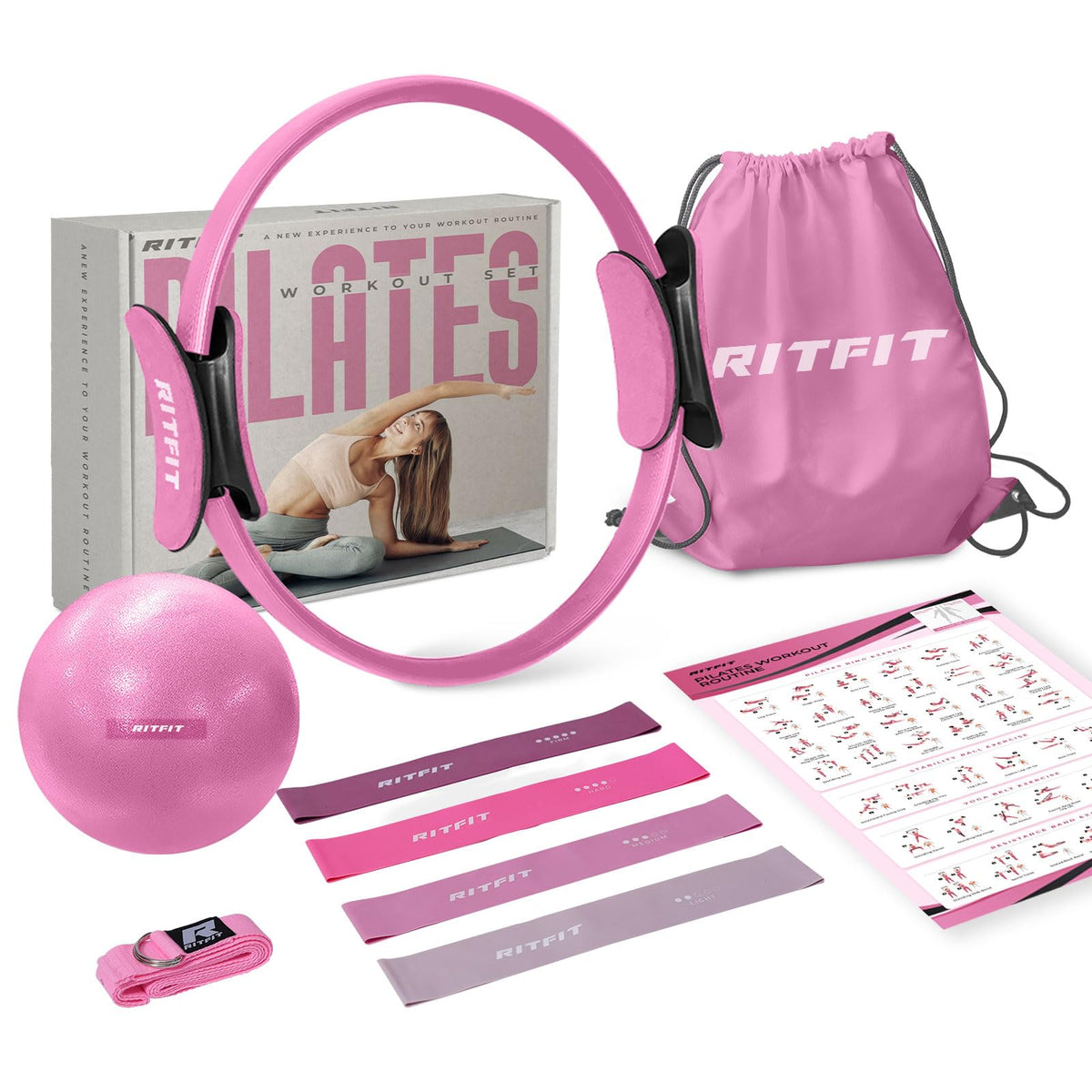 RitFit Pilates Kit - 14 Inch Pilates Ring Magic Circle with Pilates Ball, Resistance Bands & Yoga Strap, Pilates Equipment for Home Workout Toning Thighs, Arms and Core (Pink)