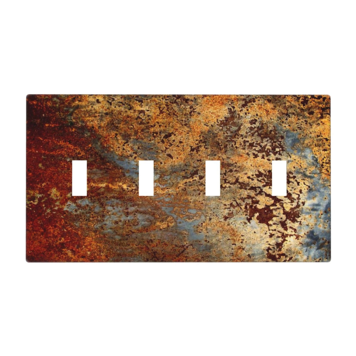 Aged Old Burnt Orange/Brown Copper Rust Metal Decorative 4-Gang Quad Toggle Light Switch Wall Plate Cover, Modern Graffiti Mossy Quadruple Toggle Device Switches Wall Plate Outlet Covers Standard Size