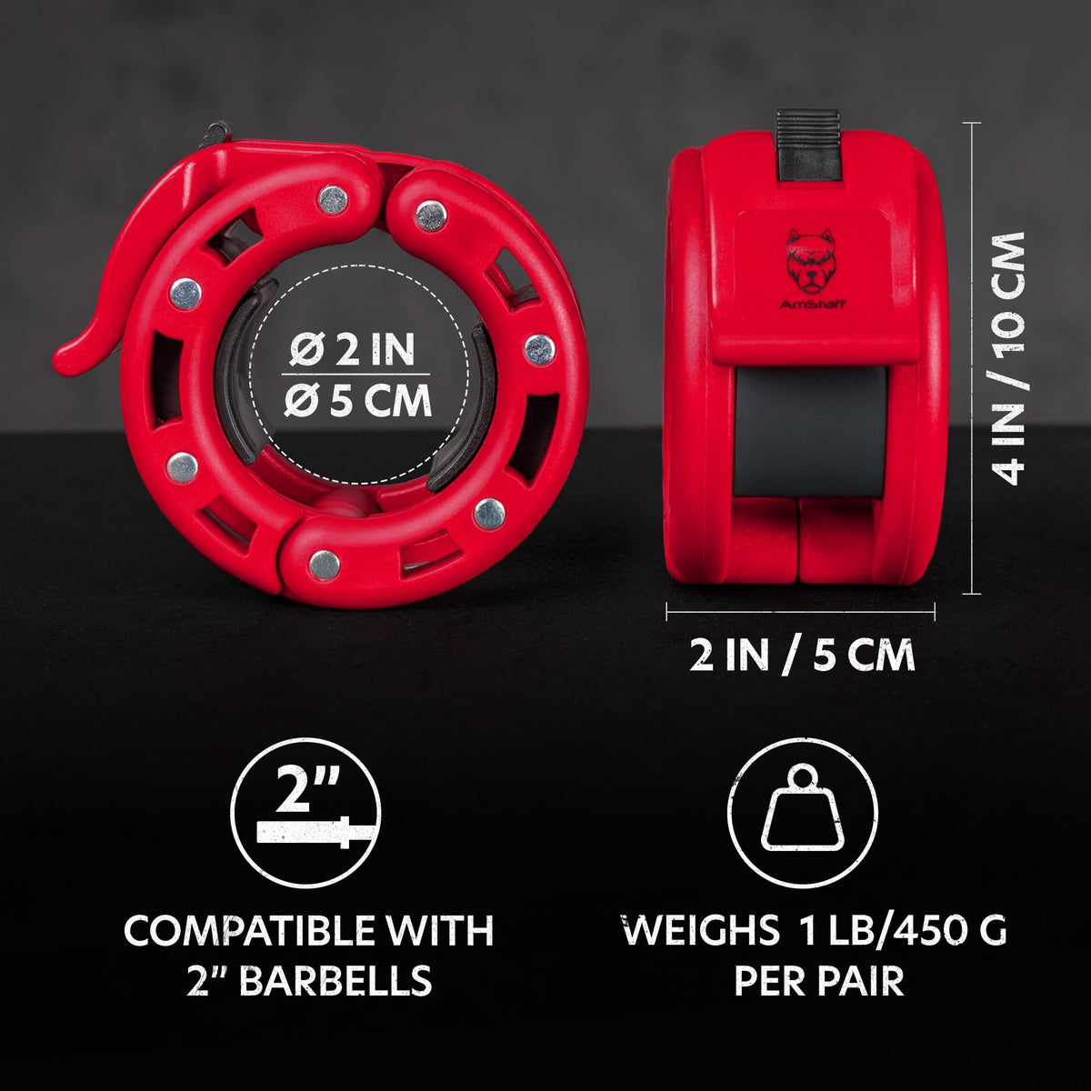 AmStaff Fitness Barbell Collars Clamps – Quick Release 2 inch Locking Olympic Bar Collars for Weightlifting, Powerlifting, and Strength Training (Pair, Red)