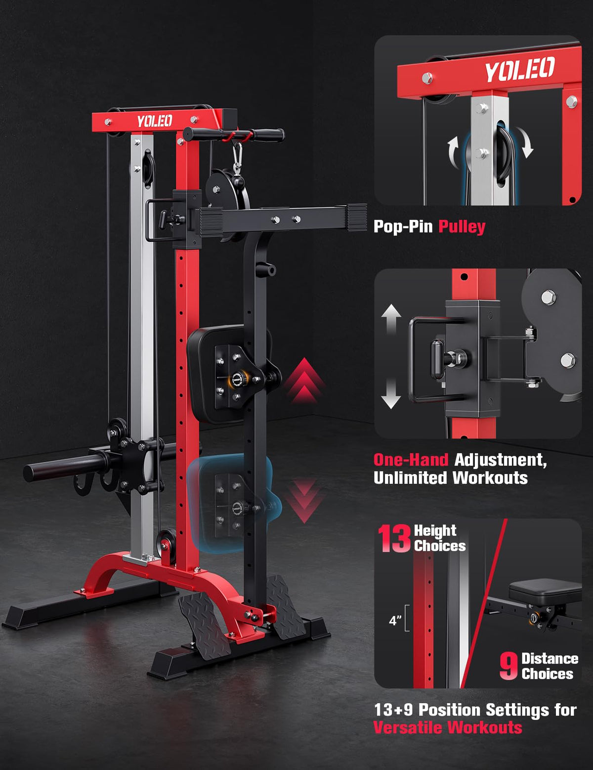 YOLEO Cable Machine Home Gym 2 in 1, Rowing Machine & LAT Pulldown Station with High/Low Pulley, 450 Lbs Loaded, Foldable Compact Design, Includes LAT Bar & Tricep Rope