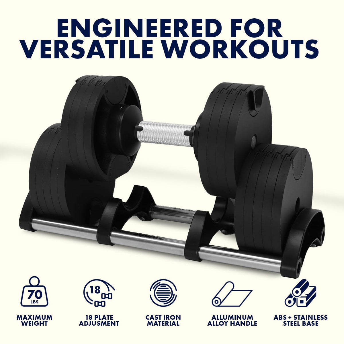 SQUATZ 70lb Adjustable Dumbbell 9 in 1 Weight Options, Fitness Equipment with Anti-Slip Metal Handle, Quick Change Weight Adjustment with Twist Lock Technology, for Full Body Workout and Weightlifting
