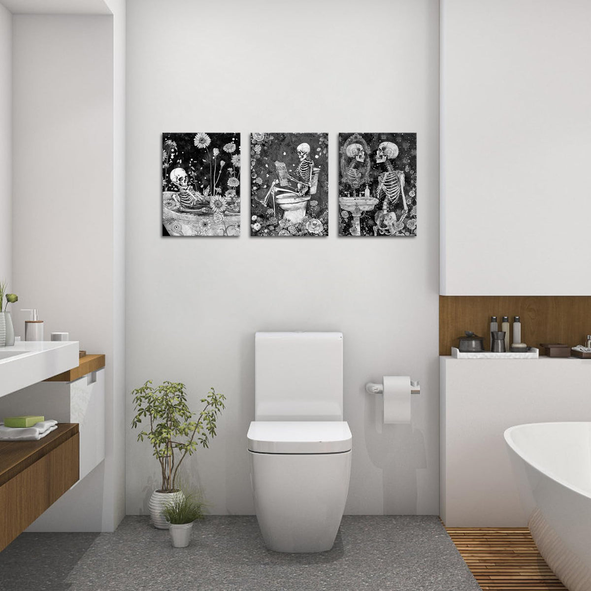 FuShvre Skeleton Bathroom Decor Moody Skeleton Wall Art Pictures for Bathroom Gothic Painting for Home Decoration Framed 12x16 inch each piece (Black)