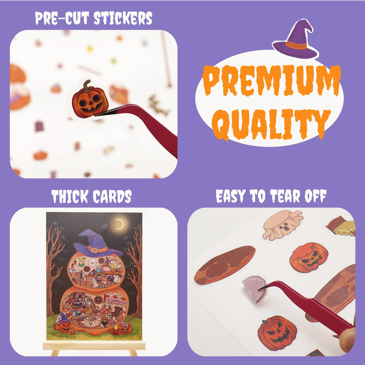 Halloween Extra Large Scene Stickers Set Include 4 Big Size 3D DIY Sticker with Background Card & Tweezer: Miniature House & Room Creative Play Kits for Adults Stress Relief Pass Time