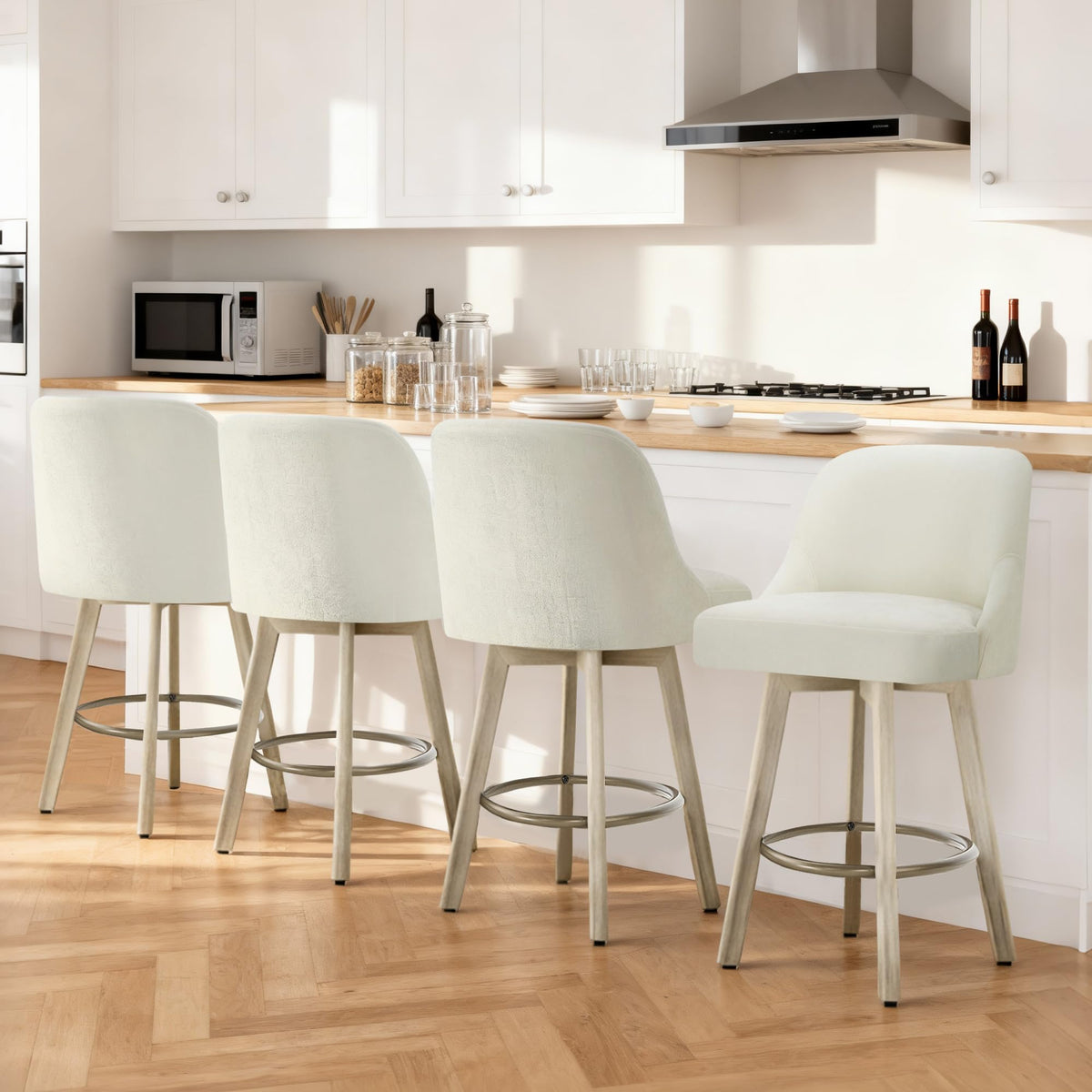 Counter Height Bar Stools Set of 2, Modern Swivel Barstools with Back and Wood Legs, Fabric Upholstered Bar Chairs, 26" Seat Height Counter Stools for Kitchen Island,Ivory