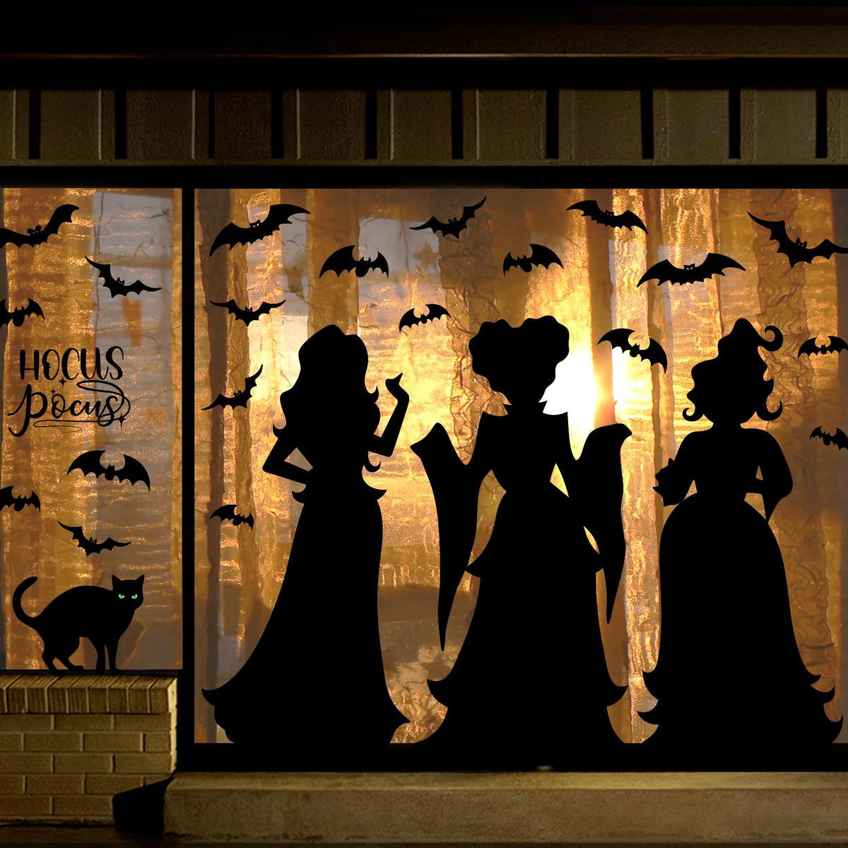 Halloween Window Clings Decor Decorations: Extra Large Hocus-Pocus Witchs Black Cat Bat Silhouette Window Decals, Halloween Window Stickers Indoor, School Home Office Party 3 Sheets