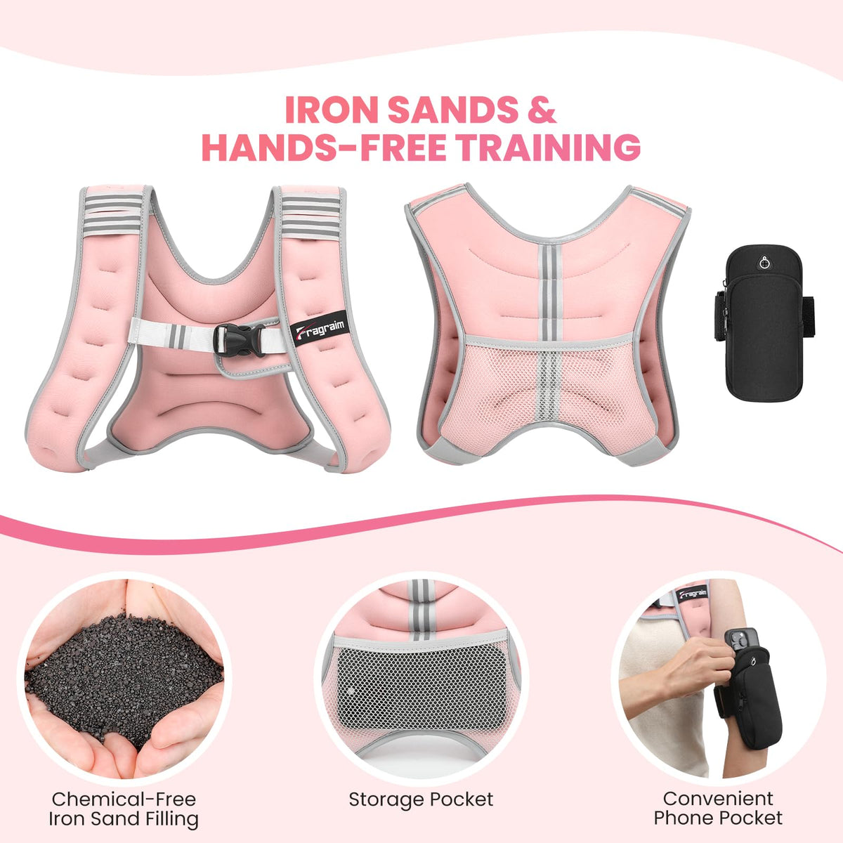 Fragraim Weighted Vest for Women Men - 10lb Weight Vest with Reflective Stripe, Detachable Phone Pouch, Ideal for Walking, Strength Training, Running, Workout, Cardio and Weight Loss - Pink
