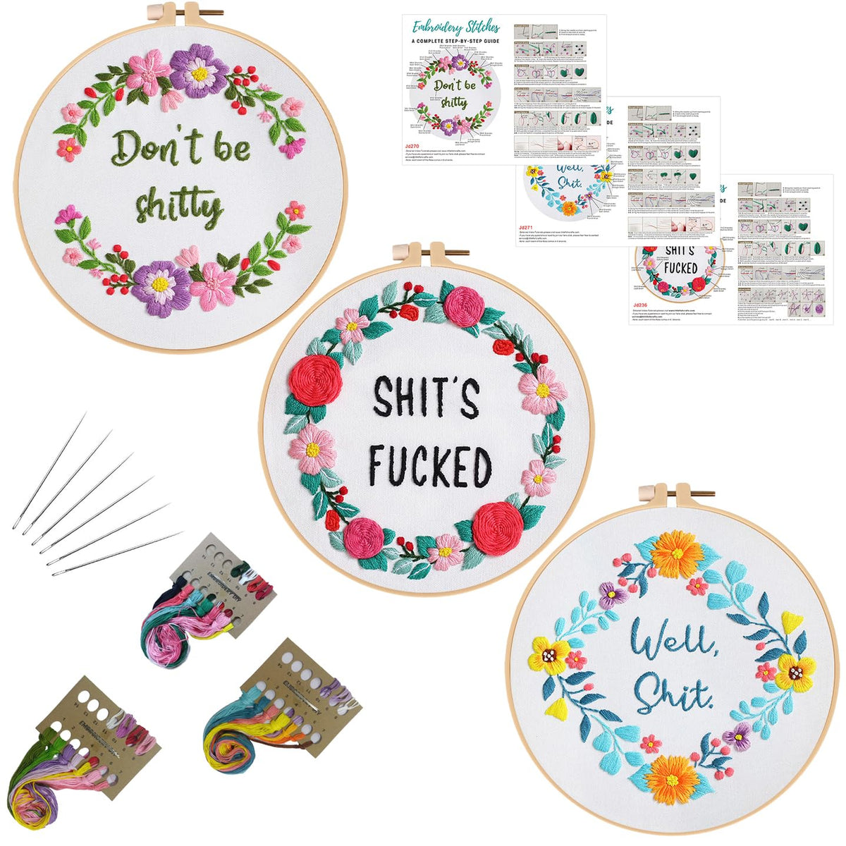 Louise Maelys 3 Sets Funny Embroidery Kits for Beginners,Cross Stitch Kit for Adults,DIY Starters Needlepoint with Flower Wreath Pattern,Including Instruction and Threads