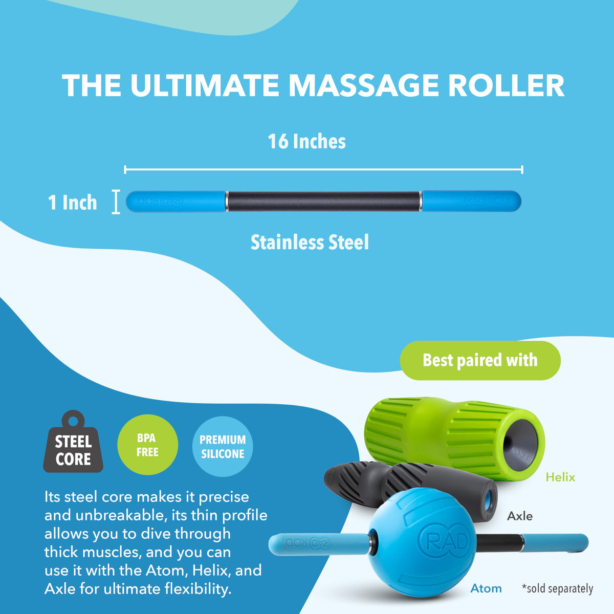 RAD Rod Mini – 16in Compact Deep Tissue Massage Roller Stick – Travel-Ready Myofascial Release Tool for Legs, Back, Neck, Arms & Shoulders – Muscle Roller for Mobility & Recovery