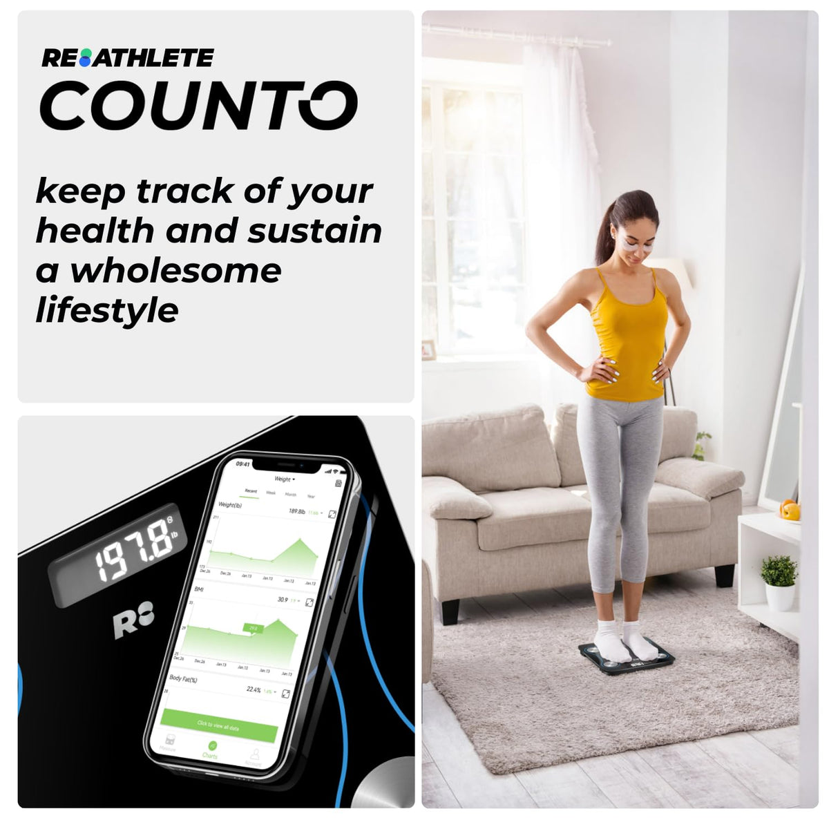 COUNTO Smart Scale- Digital Scale Measuring Body Parameters| Smart Bluetooth Body Fat Measurement Device, Body Composition Monitor with Smart App| Bathroom Scales Accurate for Bmi Muscle