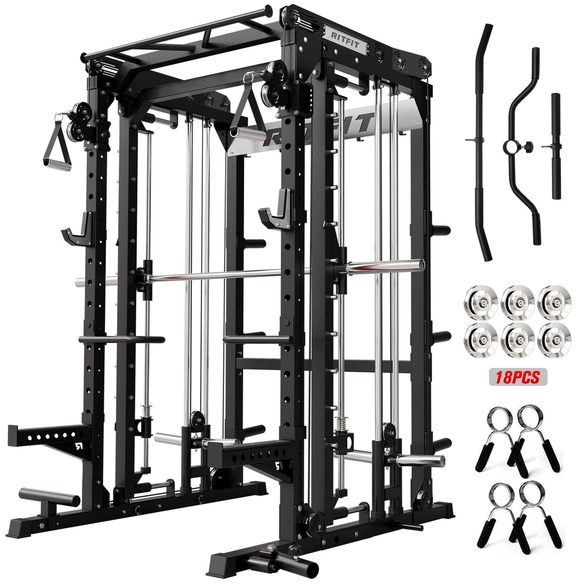 RitFit M2 Smith Machine with with Cable Crossover System, 3D Functional Trainer & Power Cage, 16 Adjustment Holes, 6 Storage Pegs for Full-Body Home Gym(M2-3D Black)