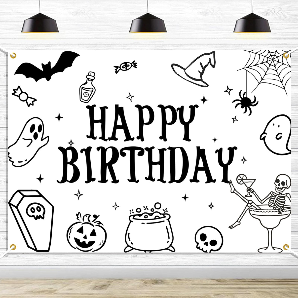 Halloween Happy Birthday Backdrop, Ghost Bat Pumpkin Skull Witch Birthday Party Decorations Halloween Themed Birthday Party Photo Background, 7 * 5Ft