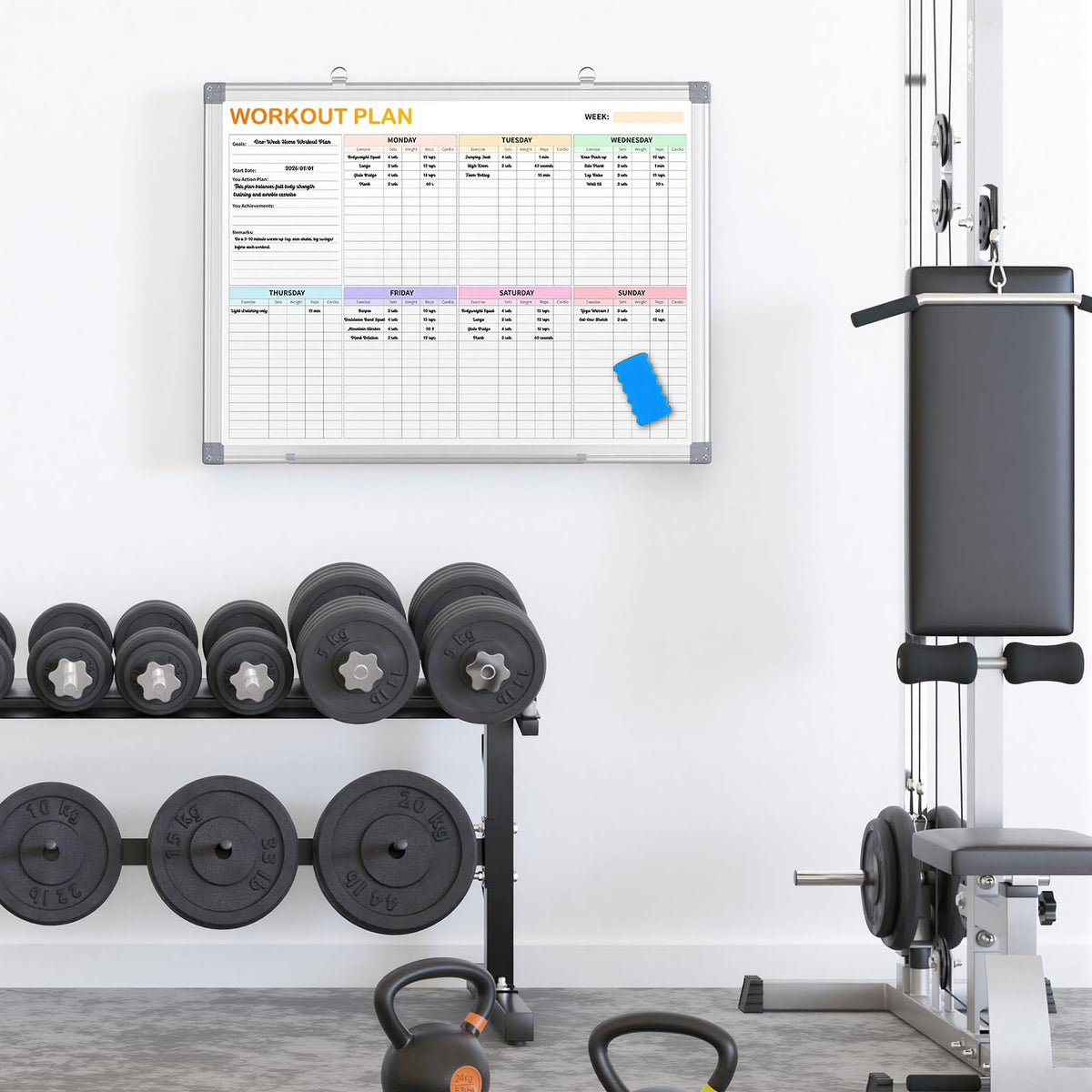 Fitness Tracker Magnetic Whiteboard Workout Plan Dry Erase Board for Wall 24'' x 18'',Hanging Mounted Weekly Fitness Tracker Gym Exercise Tracker Schedules and Checklists