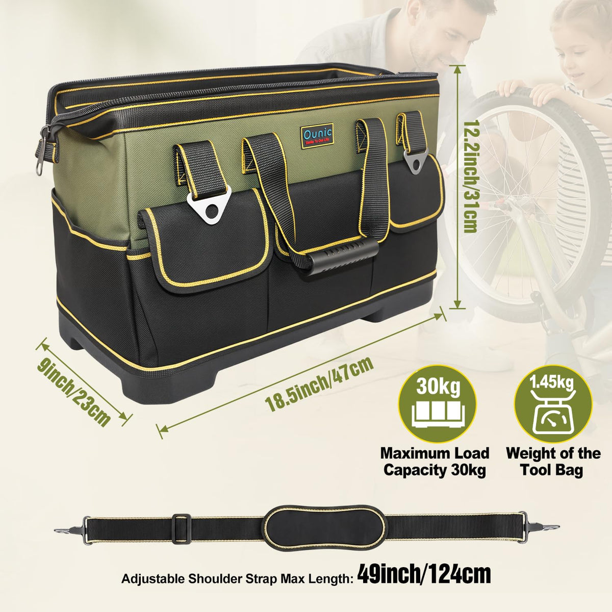 Tool Bag, Ounic 18 Inch Large Tool Tote Bag Heavy Duty With Waterproof Molded Base, Wide Mouth Tool Box Organizer with Adjustable Shoulder Strap for Electrician Mechanic Craftsman Plumbers(Green)