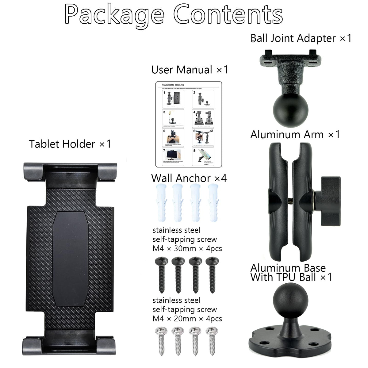 VAUBORTTI Aluminum Arm Heavy Duty Tablet Mount Drill Base - for 6.5"-12.9" Tablet iPad Pro/Mini, iPad Holder for Truck, Car,Dashboard,Desk,Wall-Swivel with 1 inch/25mm Ball Joint