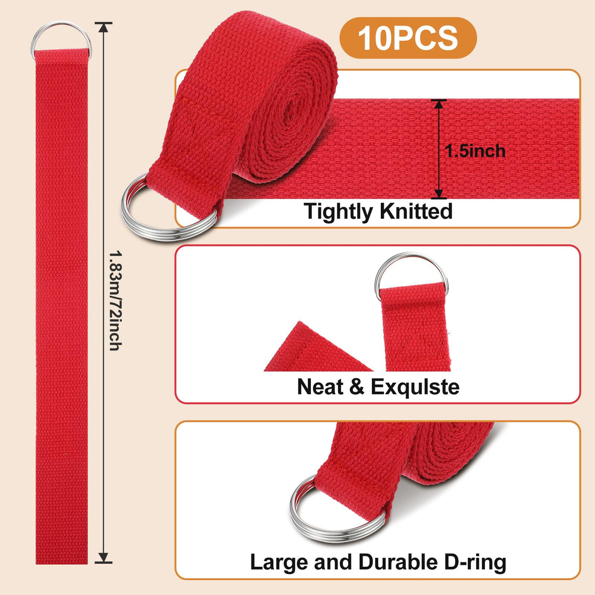 10 Pcs Yoga Strap for Stretching Bulk 6ft Exercise Stretch Band with Metal D Ring Adjustable Pilates Non Elastic Yoga Stretch Belt for Women Men Physical Fitness Gym Workout Dance