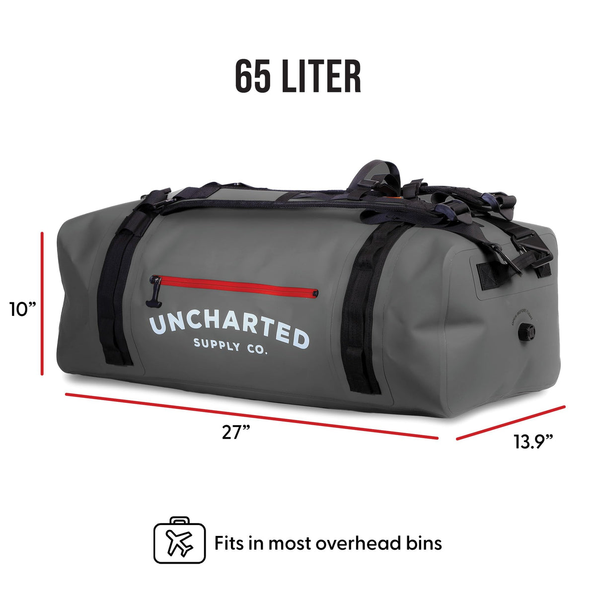 Uncharted Supply Co. The Vault Waterproof Duffel Bag - Airtight bag with Backpack Straps, Carry-On Size, Perfect for travel, boating, camping, recreation. (Gunmetal, 65L)