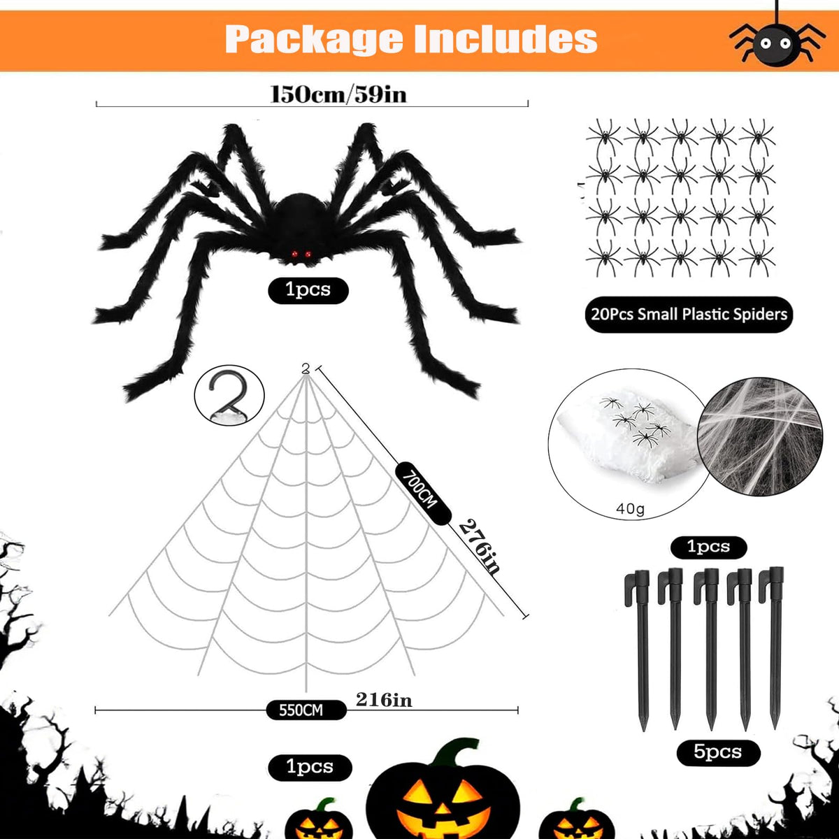 Newar Halloween Giant Spider Webs Decorations Outdoor, 276" Triangle Giant Spider Web + 59" Scary Big Spider + 20Pcs Small Spiders + 40g Stretch Cobwebs for Yard Porch Garden Haunted House Decor
