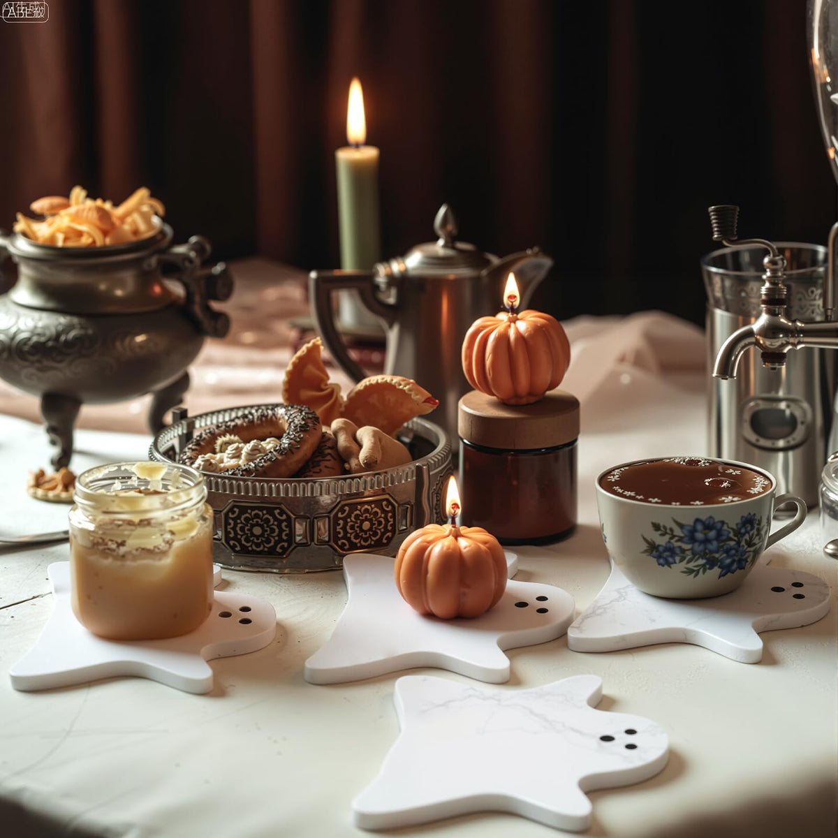 Acellegic 4pcs Marble Coasters Halloween Ghost Coasters 4.7 x 3.9 Inches for Drinks Beverage Boo Mug Cup Car Desk Party Decoration(Halloween Ghost,White)